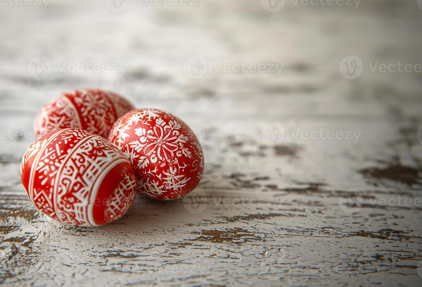 AI generated Red and White Wax-Resist Dyed Easter Eggs on White Wood photo