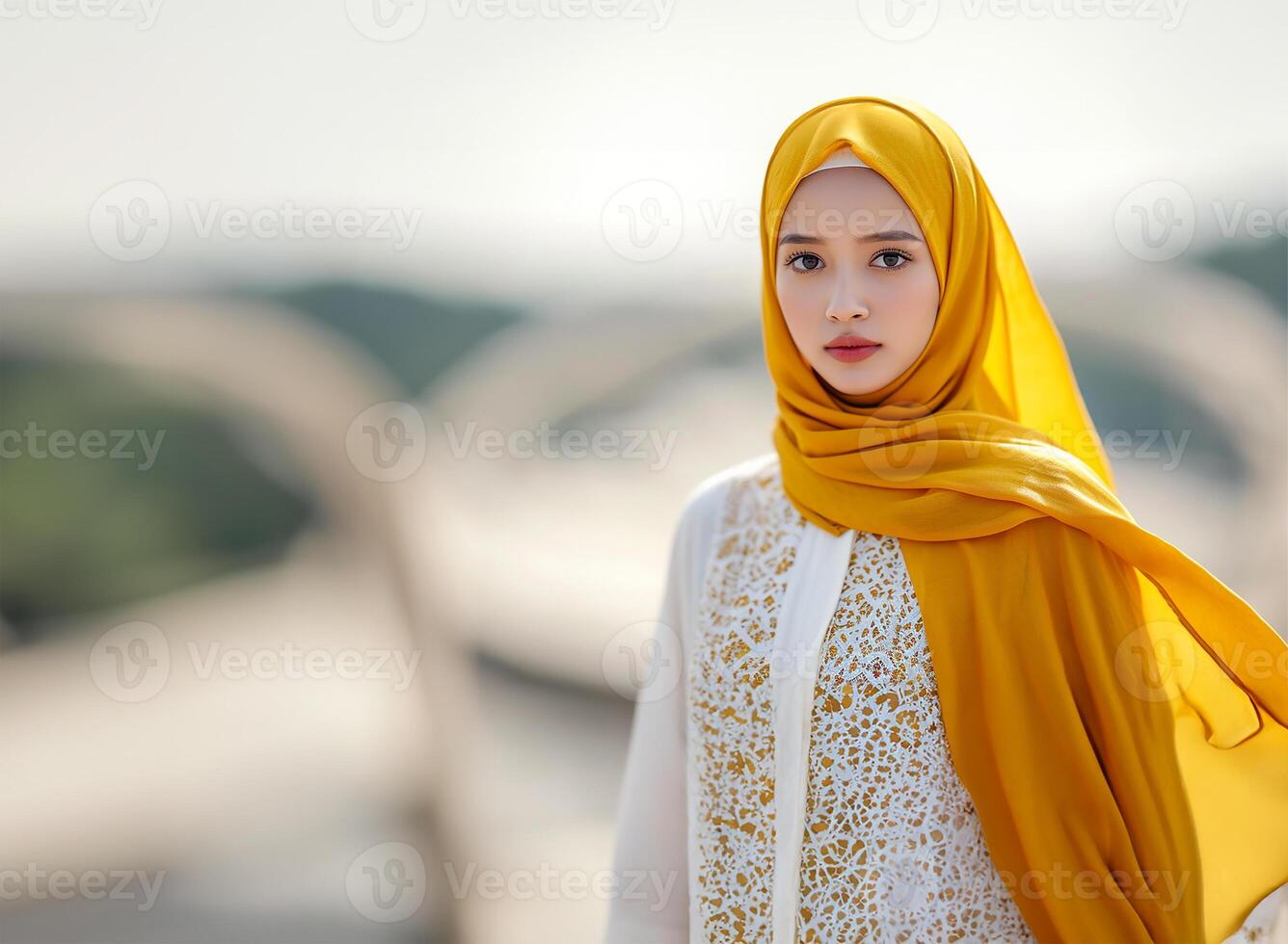 AI generated Asian Model in White Kebaya and Yellow Hijab photo