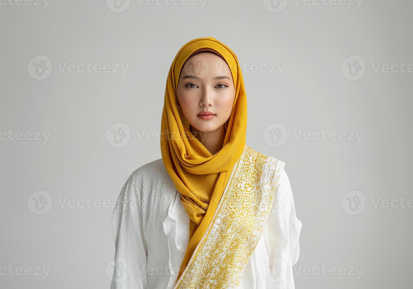 AI generated Asian Model in White Kebaya and Yellow Hijab photo