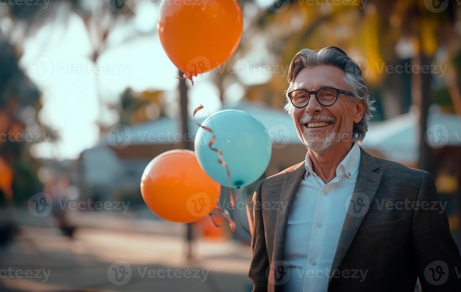 AI generated Joyful Senior Man in Elegant Attire with Balloons at Nerds Party photo