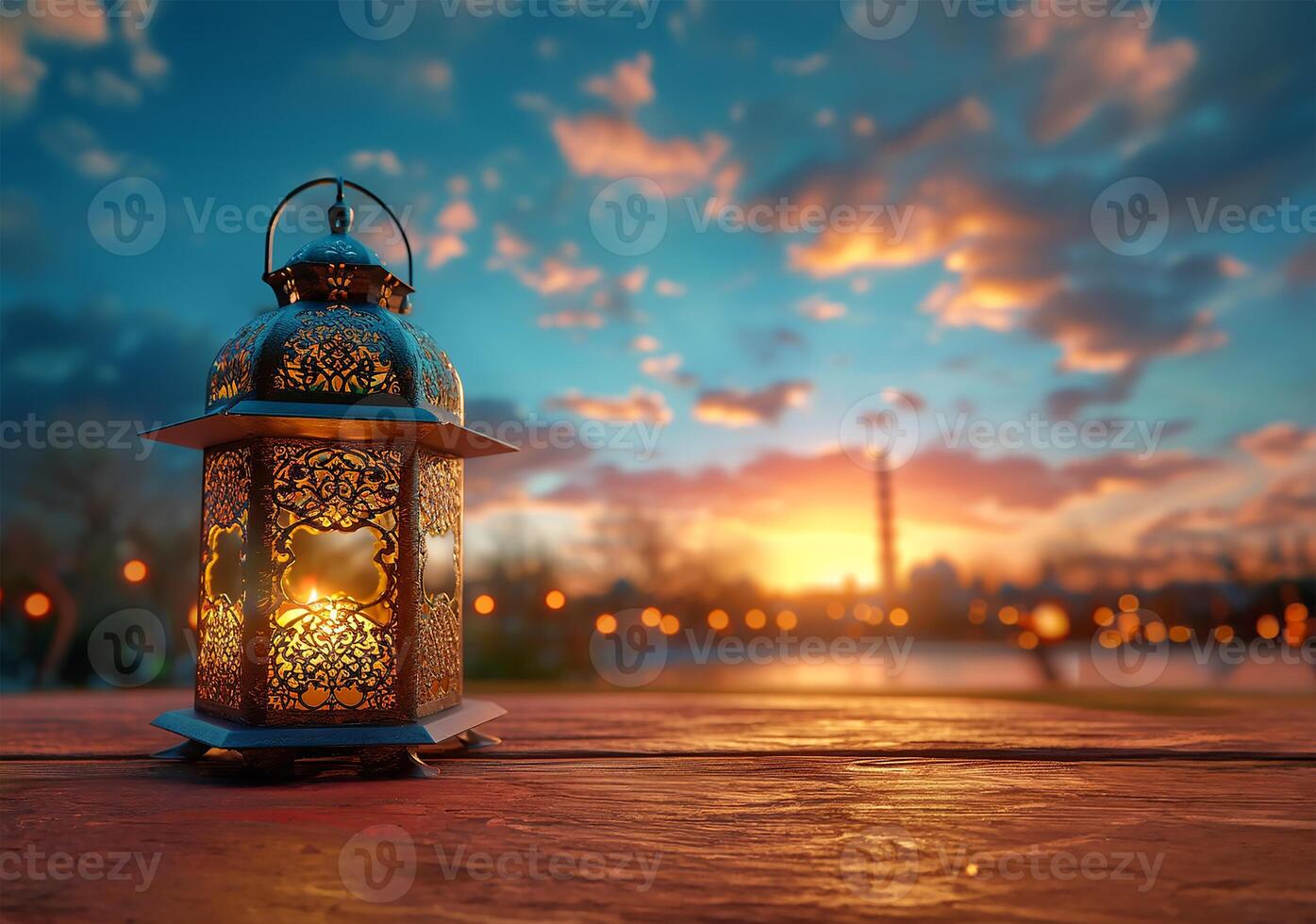 AI generated Ramadan Reflections, Lantern on Wooden Table with Beautiful Backdrop photo