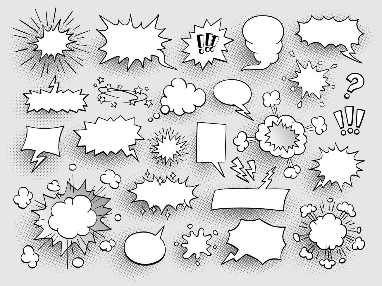 Set of speech bubbles and sound effects. Comic book style. Halftone shadows. vector