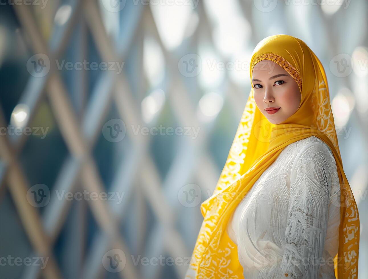 ai generado asiático modelo en blanco kebaya y amarillo hijab foto