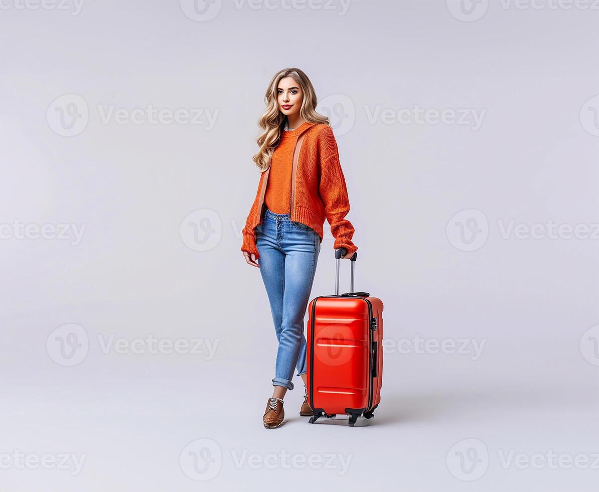 AI generated Attractive Woman with Suitcase, White Background photo