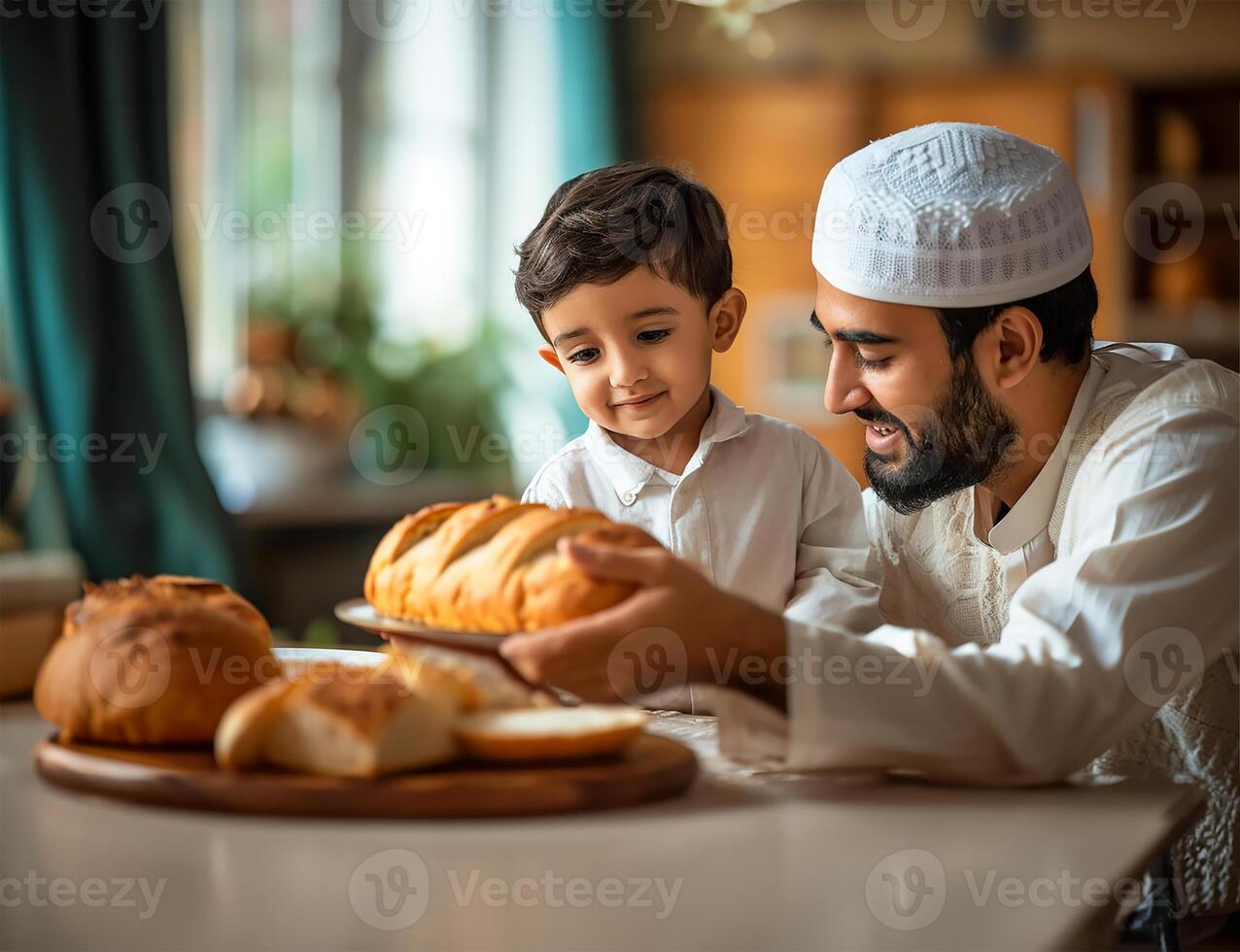 AI generated Close-Up of Father and Son Sharing Lafah Bread photo