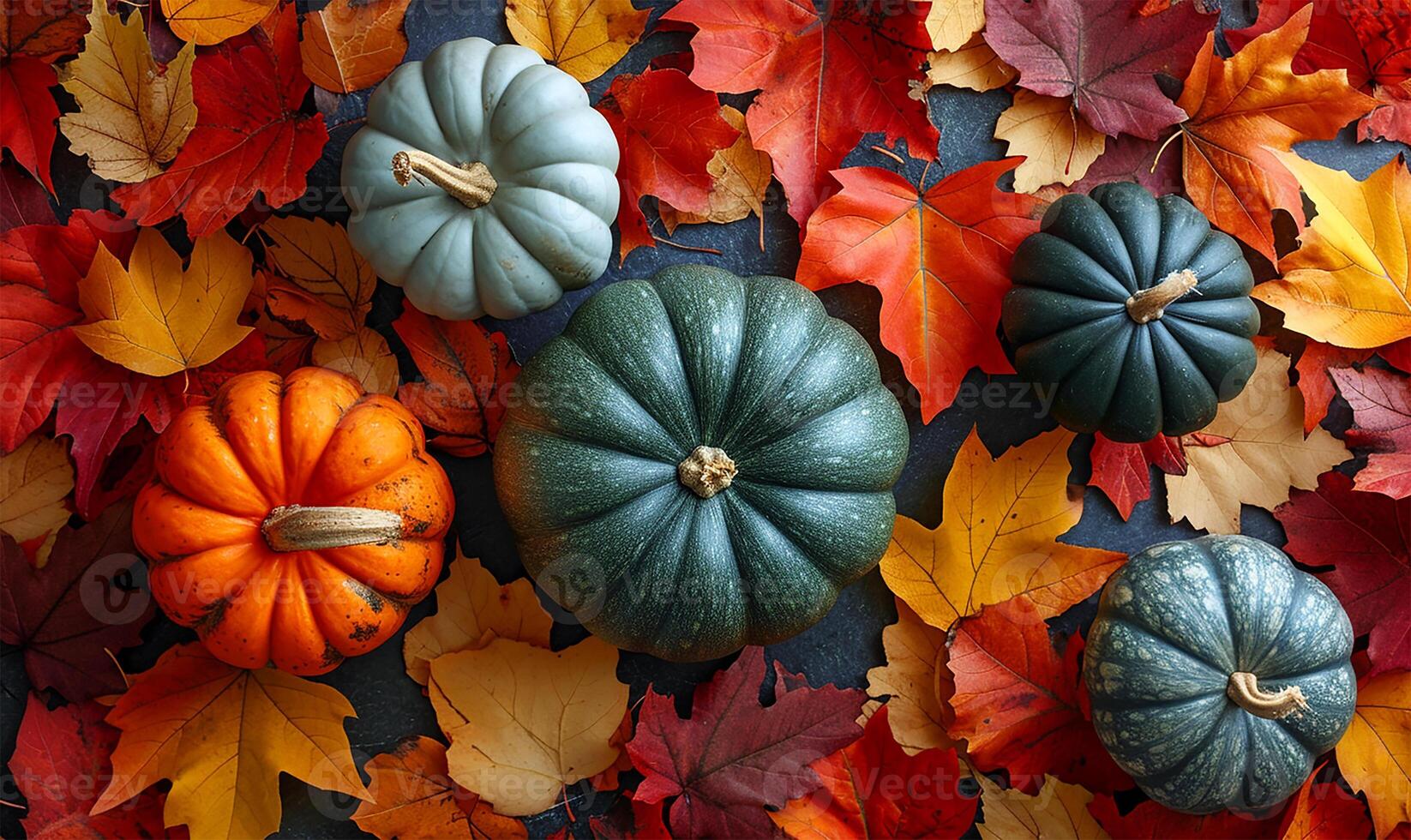 AI generated Pumpkins and Colorful Leaves in Flat Lay photo