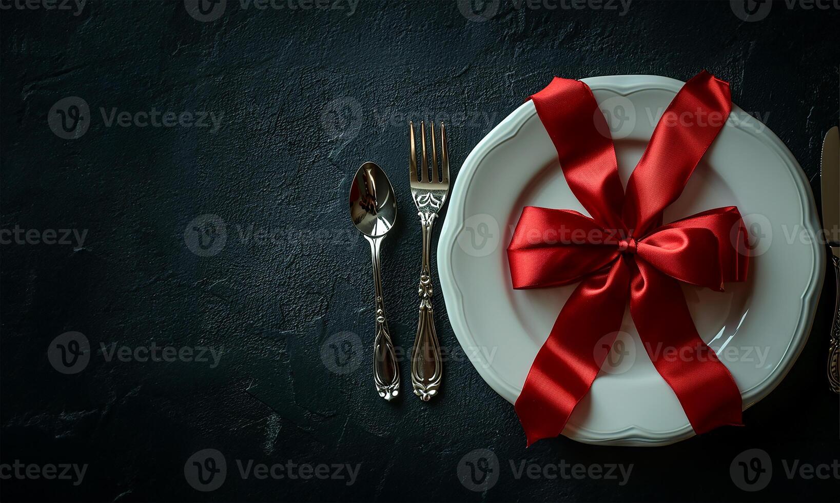 AI generated White Plate with Red Bow for Valentine's Day photo