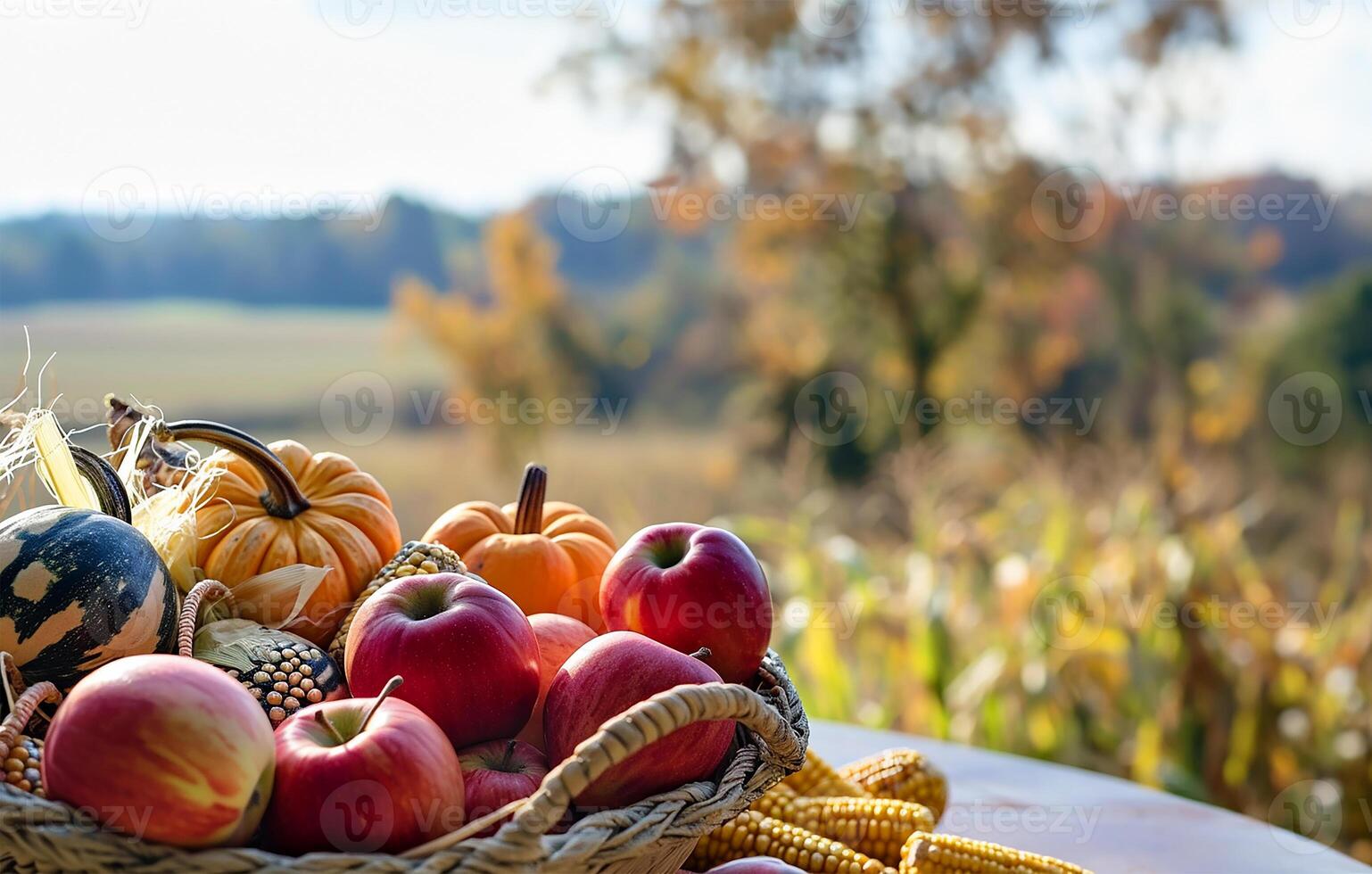 AI generated Festive Thanksgiving Table with Harvest Basket and Nature Scene photo