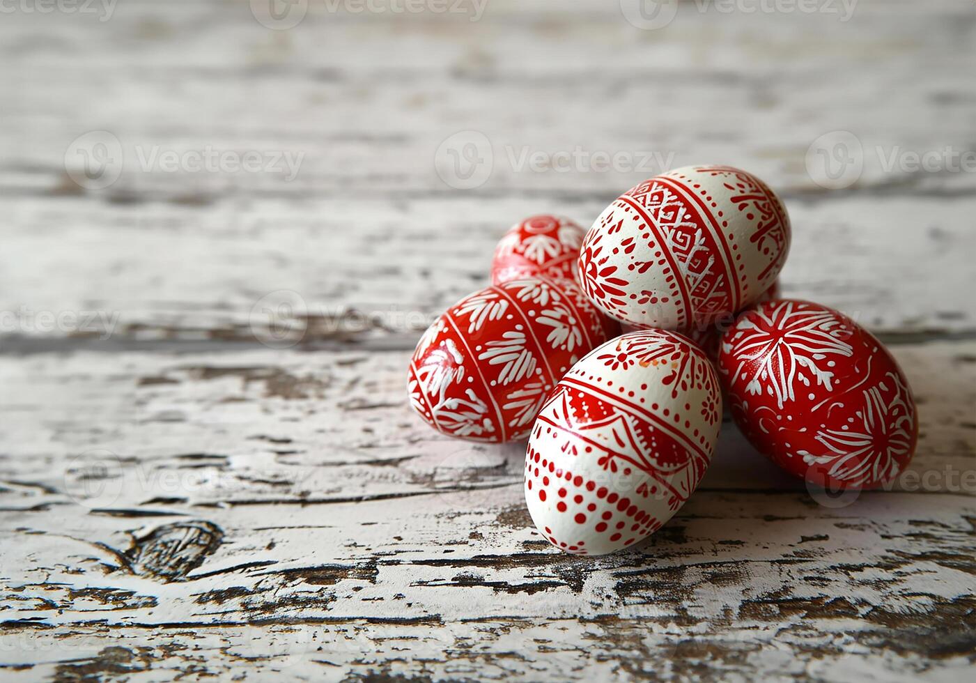 AI generated Red and White Wax-Resist Dyed Easter Eggs on White Wood photo