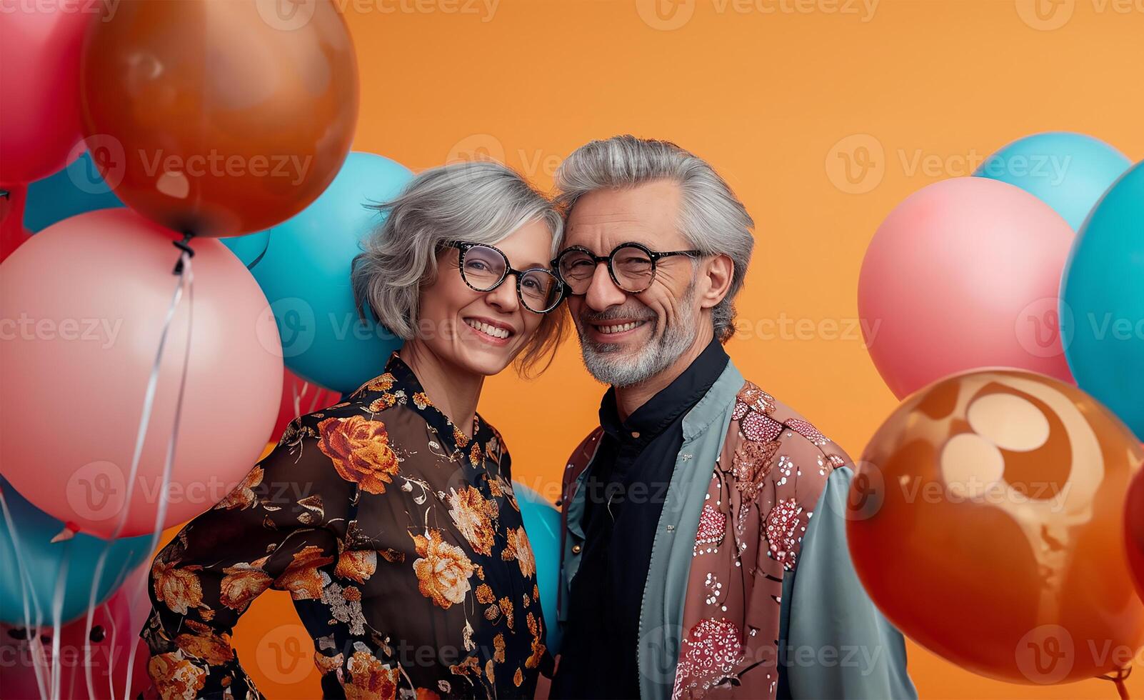 AI generated Senior Couple Celebrating with Joy at a Nerdy Themed Party photo