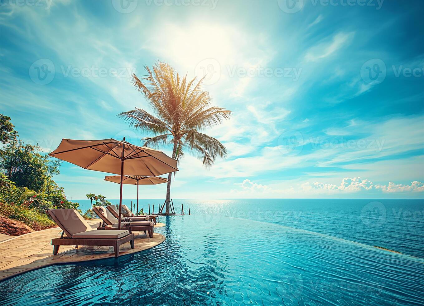 AI generated Luxury Poolside Umbrellas and Chairs with Palm Trees and Blue Sky photo