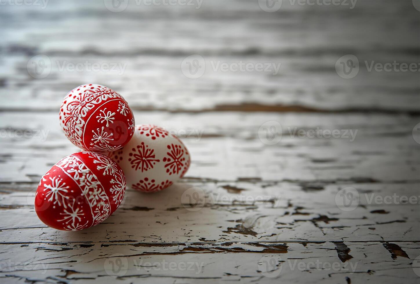 AI generated Red and White Wax-Resist Dyed Easter Eggs on White Wood photo