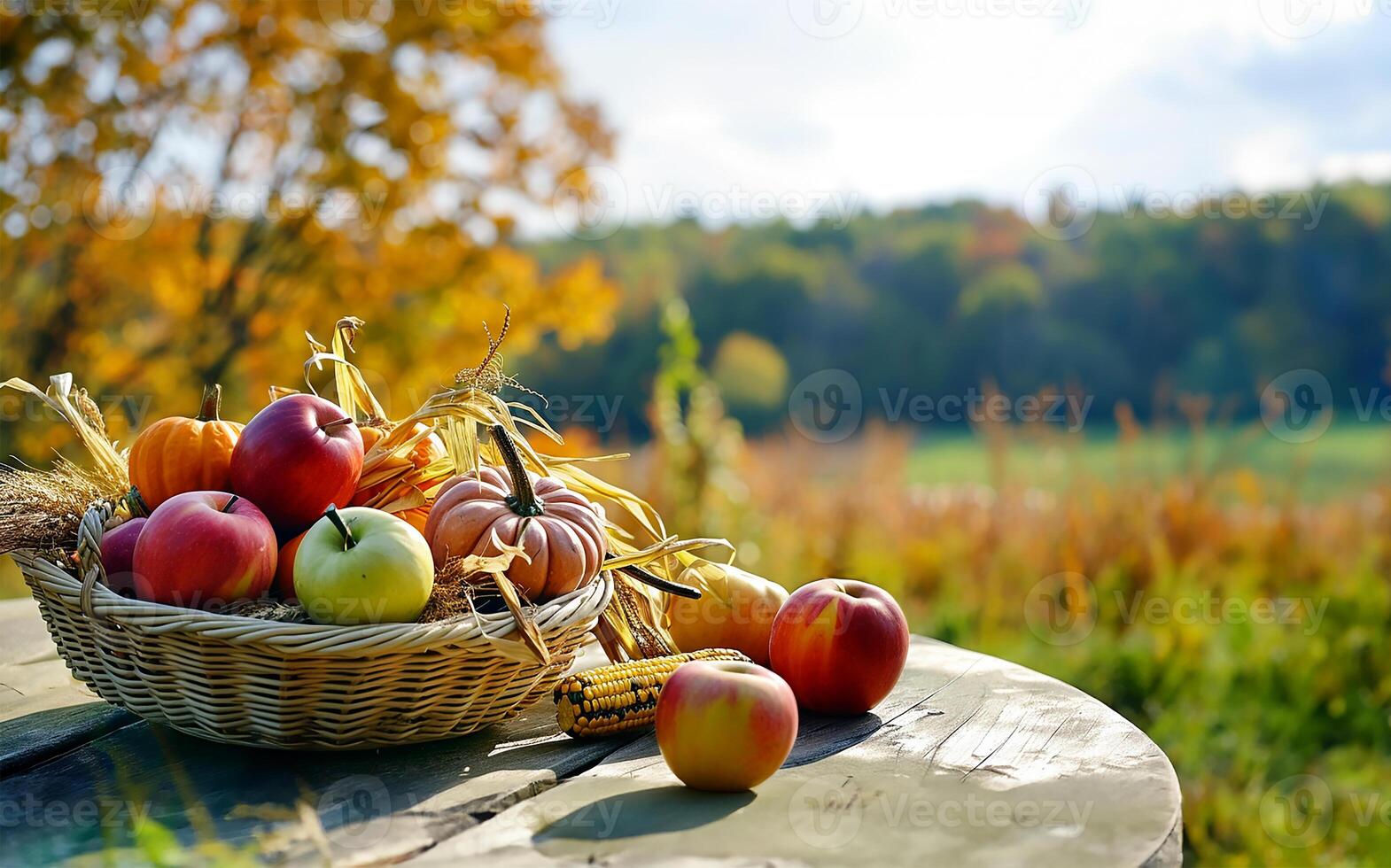 AI generated Festive Thanksgiving Table with Harvest Basket and Nature Scene photo