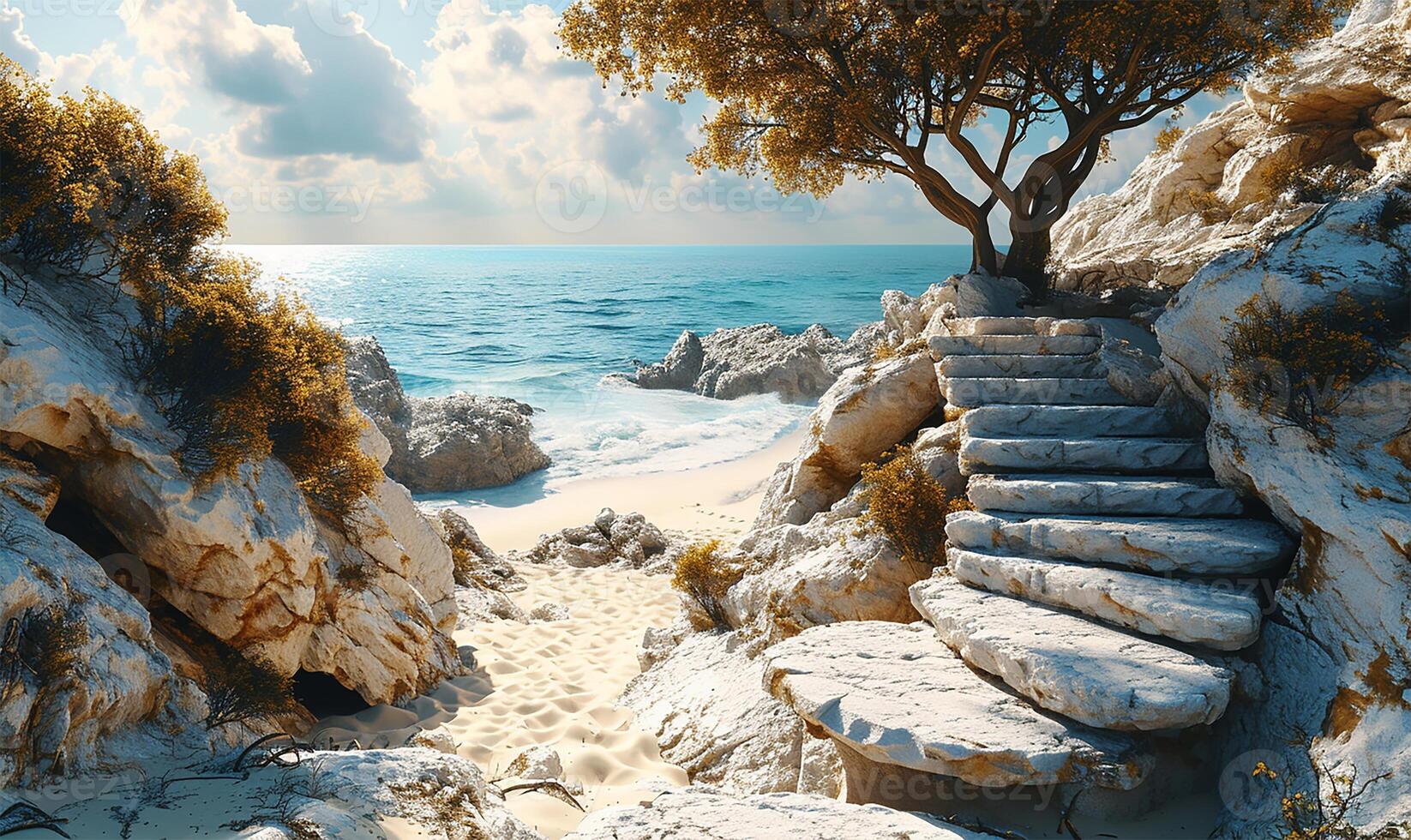 AI generated Summer Sands and Tropical Sea with Abstract Stone Podium photo