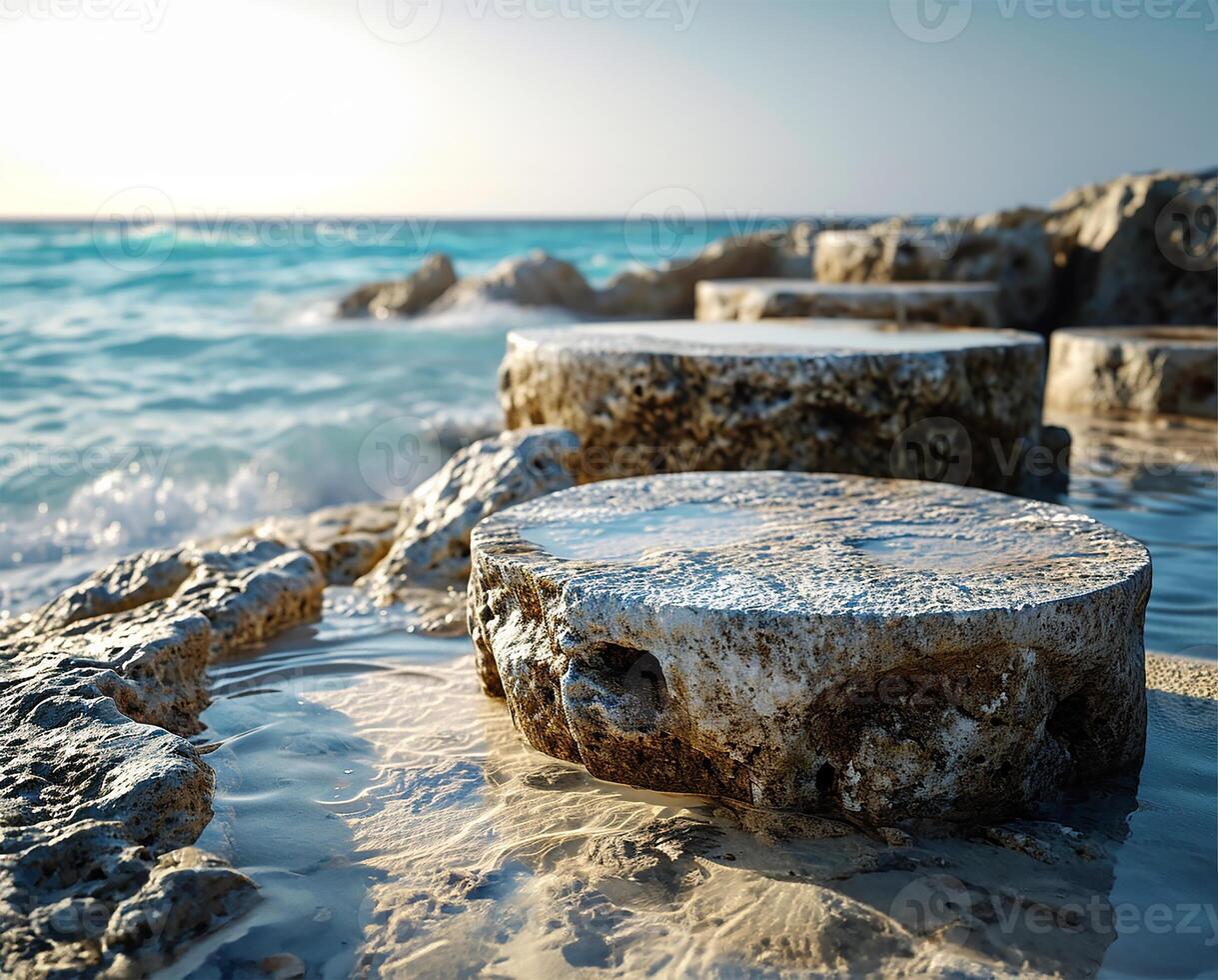 AI generated Summer Sands and Tropical Sea with Abstract Stone Podium photo