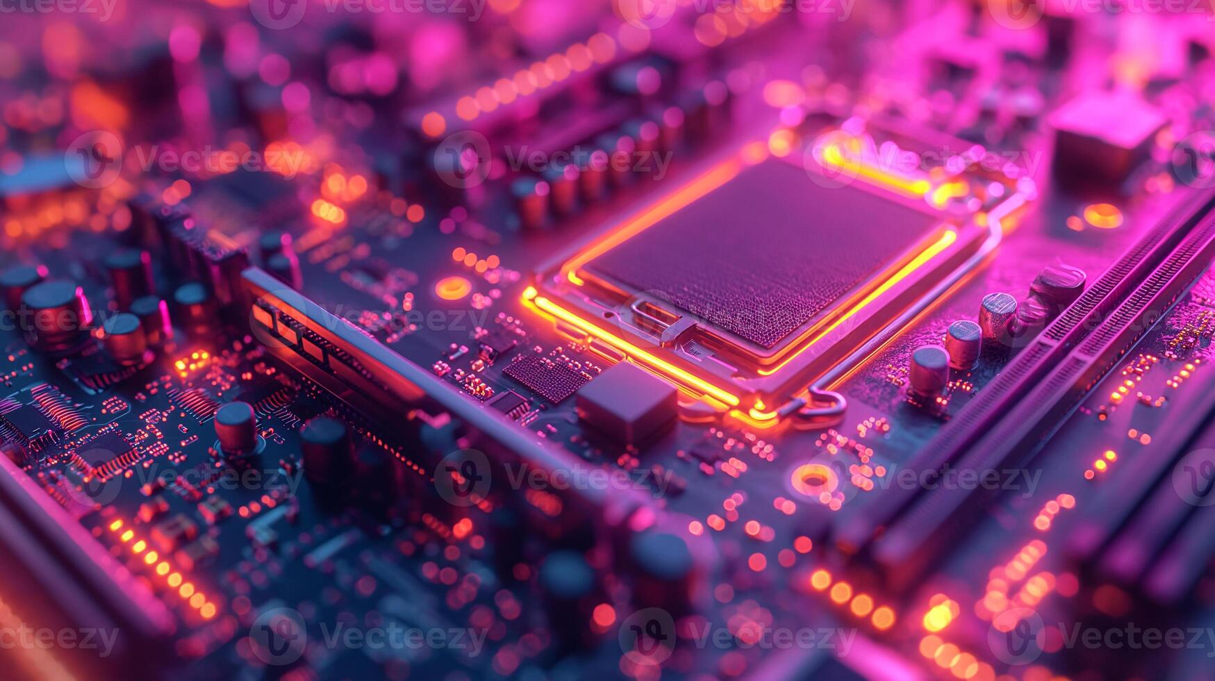 AI generated High-resolution, macro shot of a computer chip, emphasizing intricate circuit details photo