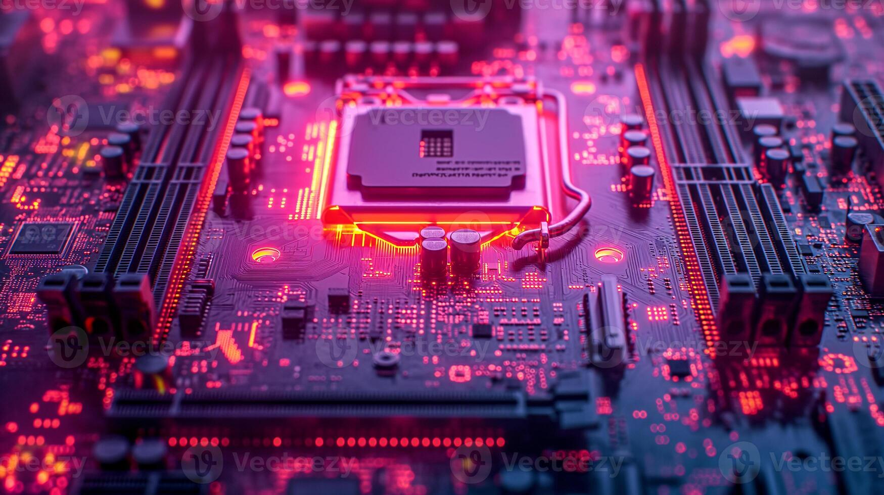 ai generado alta resolución, macro Disparo de un computadora chip, enfatizando intrincado circuito detalles foto