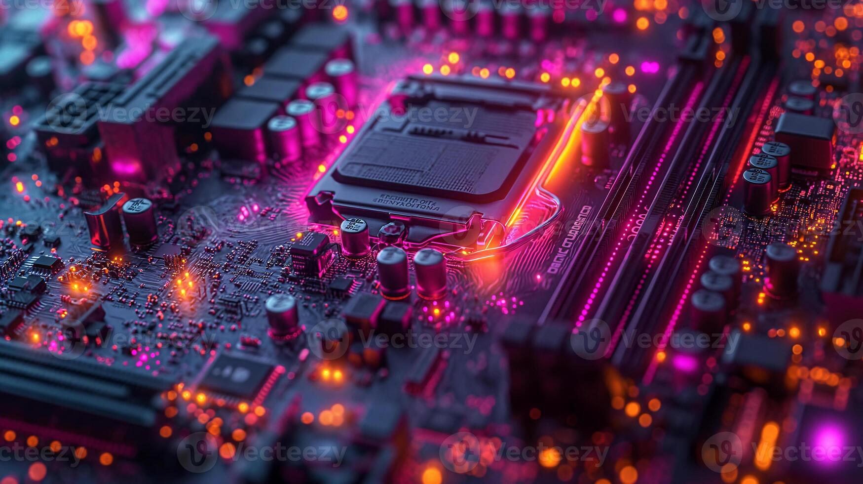 AI generated High-resolution, macro shot of a computer chip, emphasizing intricate circuit details photo