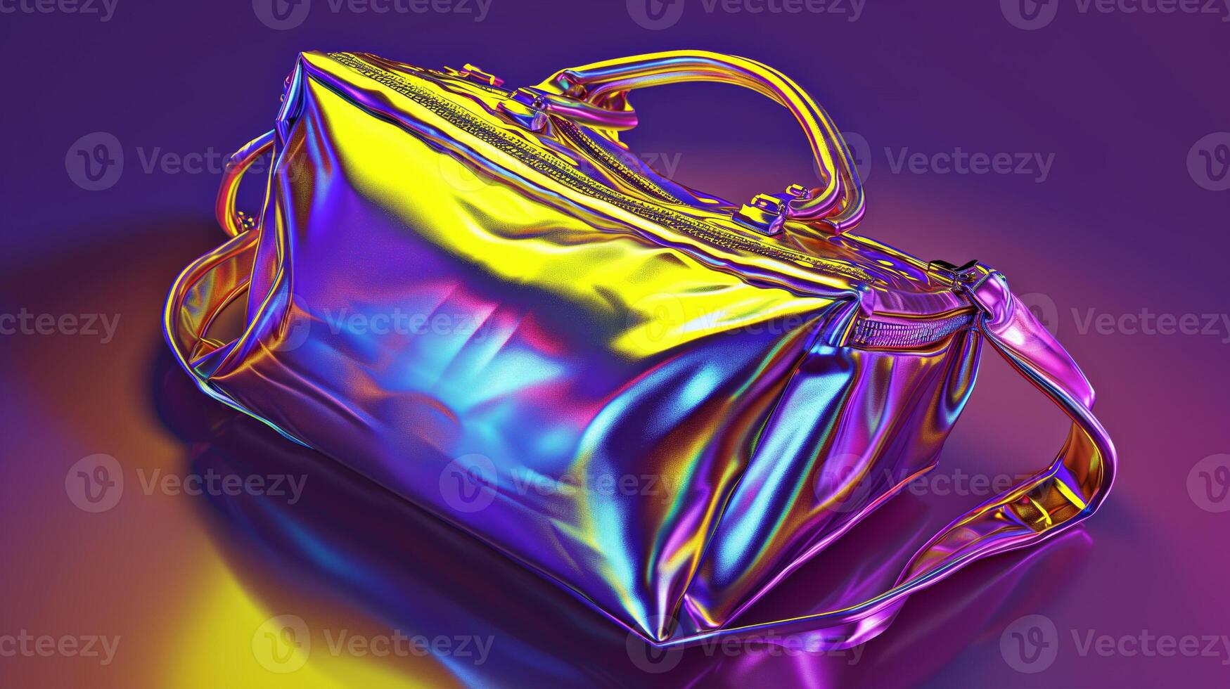 AI generated A futuristic woman's bag design, sleek and innovative shape, primary colors purple and yellow. Metallic accents, holographic textures, neon lighting effects. photo