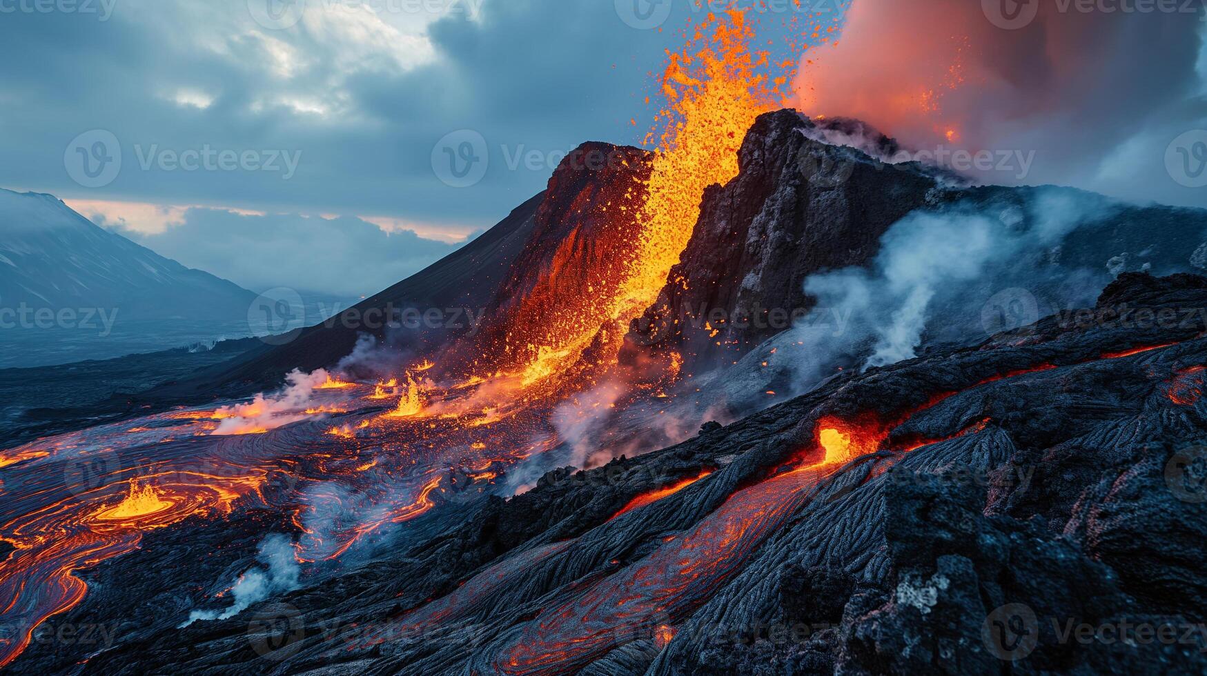 AI generated Apocalyptic vision of a volcano erupting photo