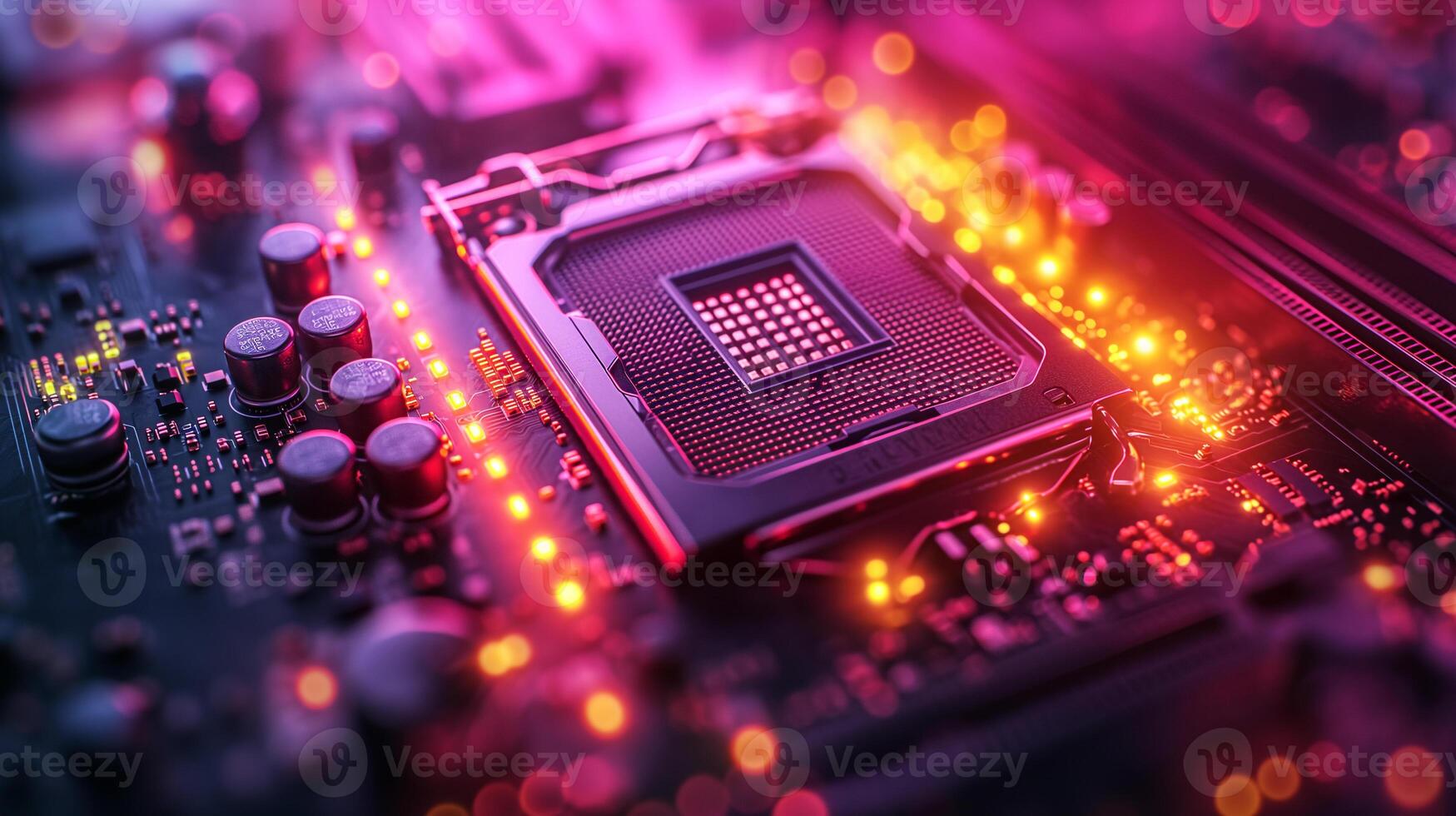 AI generated High-resolution, macro shot of a computer chip, emphasizing intricate circuit details photo