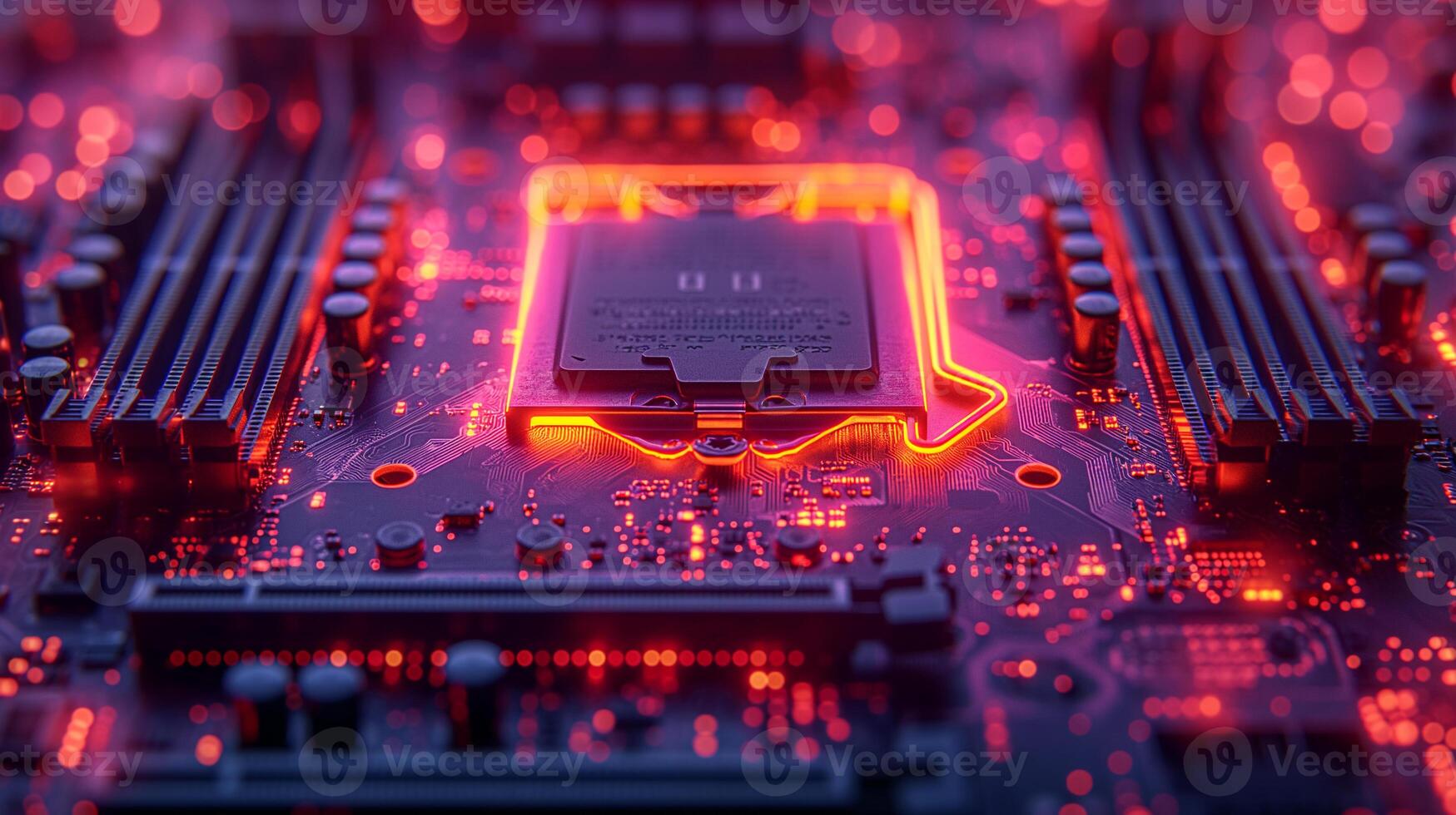 AI generated High-resolution, macro shot of a computer chip, emphasizing intricate circuit details photo