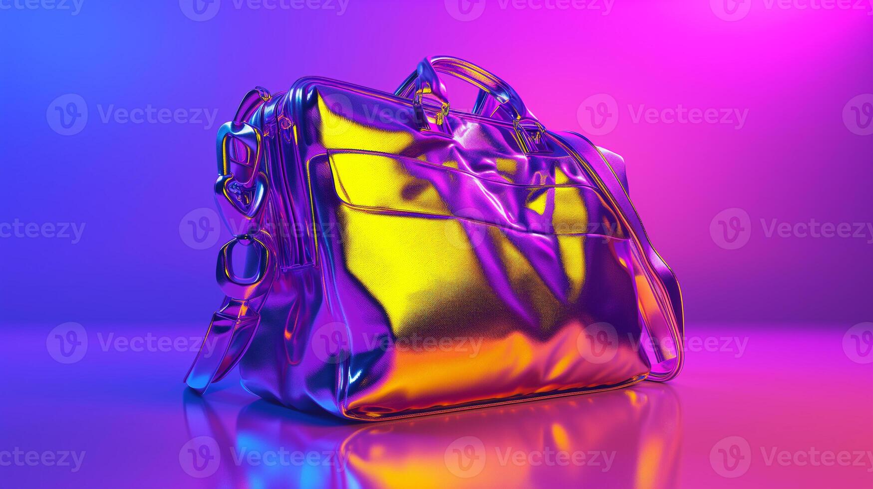AI generated A futuristic woman's bag design, sleek and innovative shape, primary colors purple and yellow. Metallic accents, holographic textures, neon lighting effects. photo