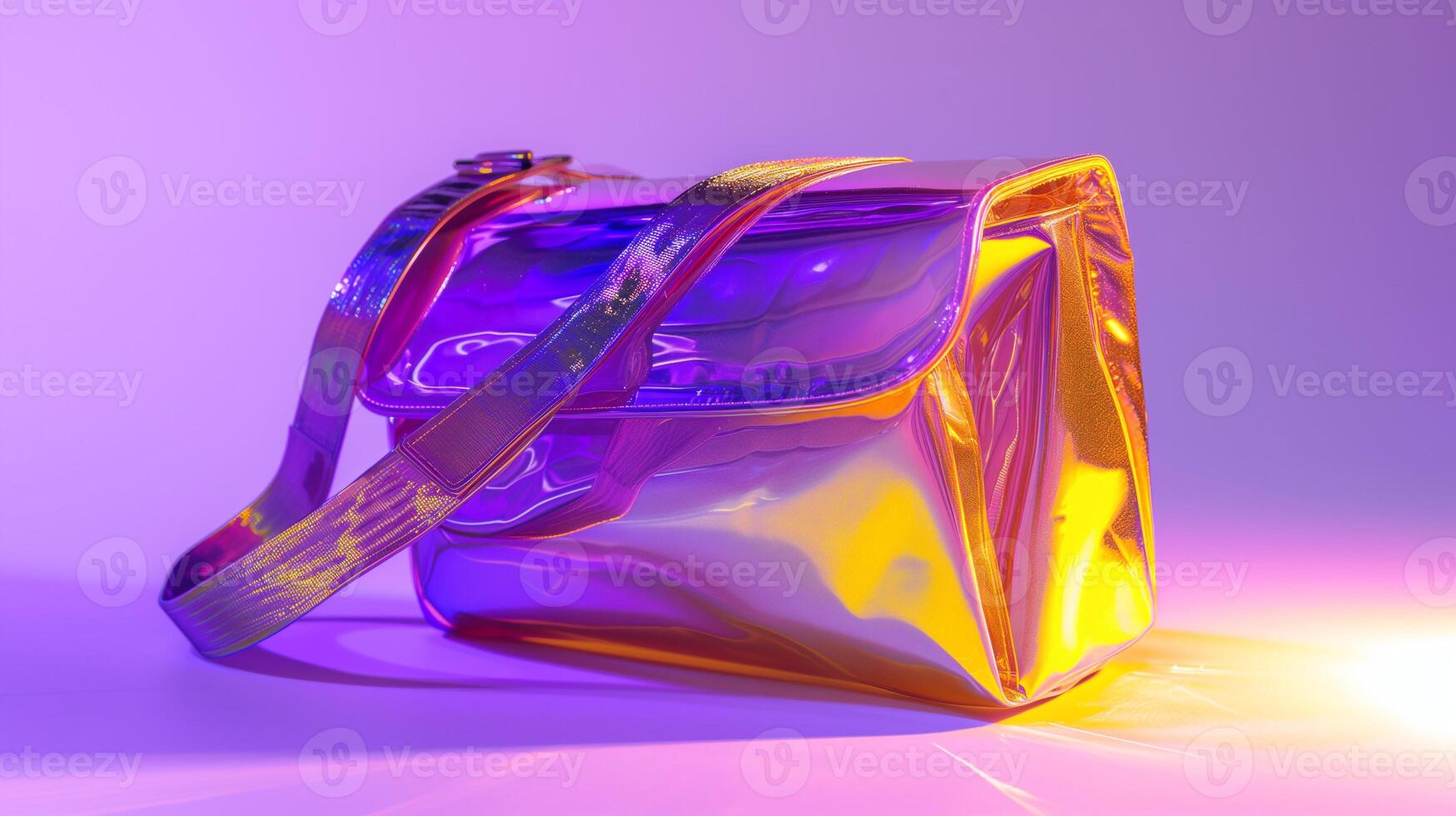 AI generated A futuristic woman's bag design, sleek and innovative shape, primary colors purple and yellow. Metallic accents, holographic textures, neon lighting effects. photo