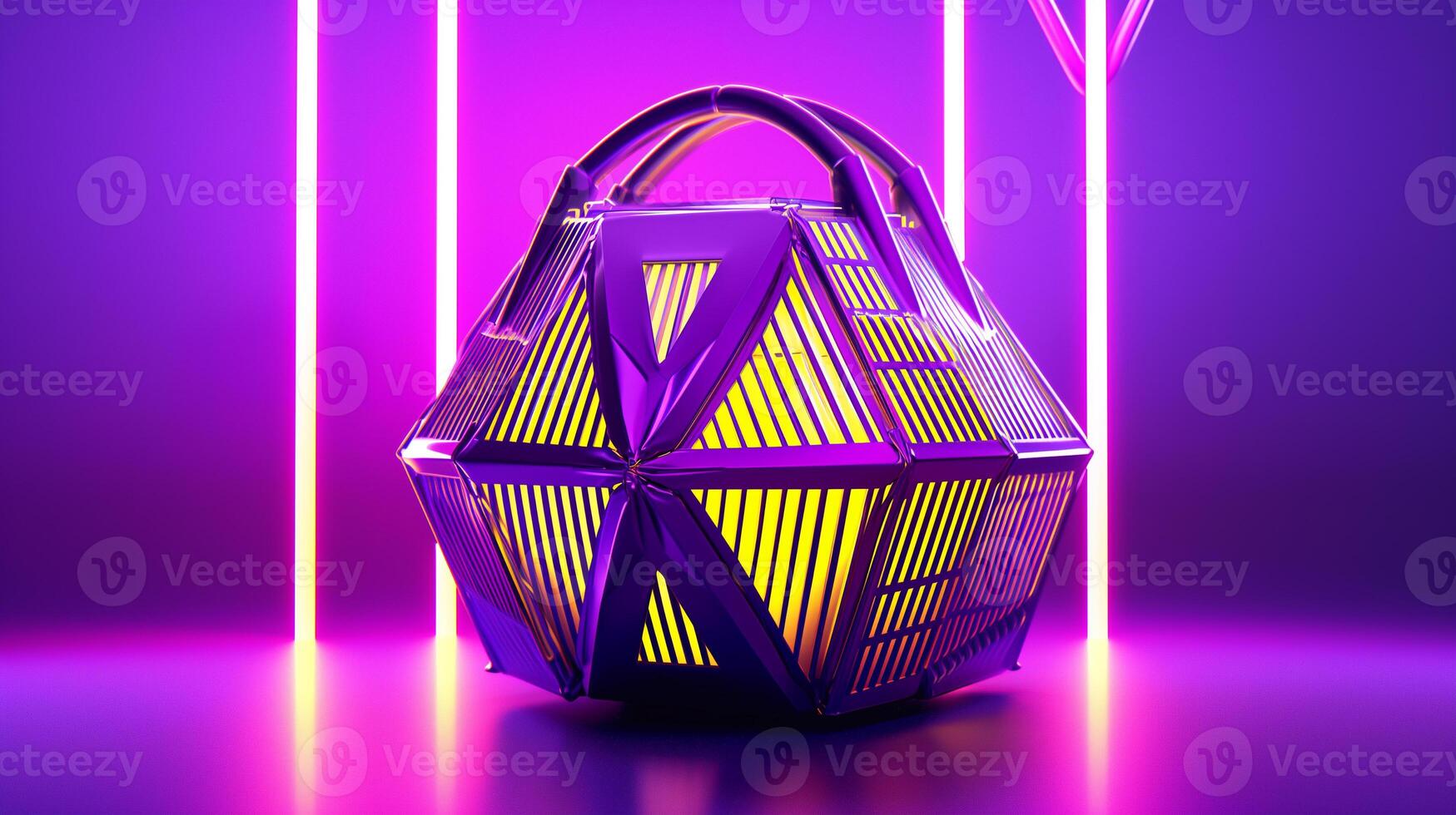 AI generated A futuristic woman's bag design, sleek and innovative shape, primary colors purple and yellow. Metallic accents, holographic textures, neon lighting effects. photo