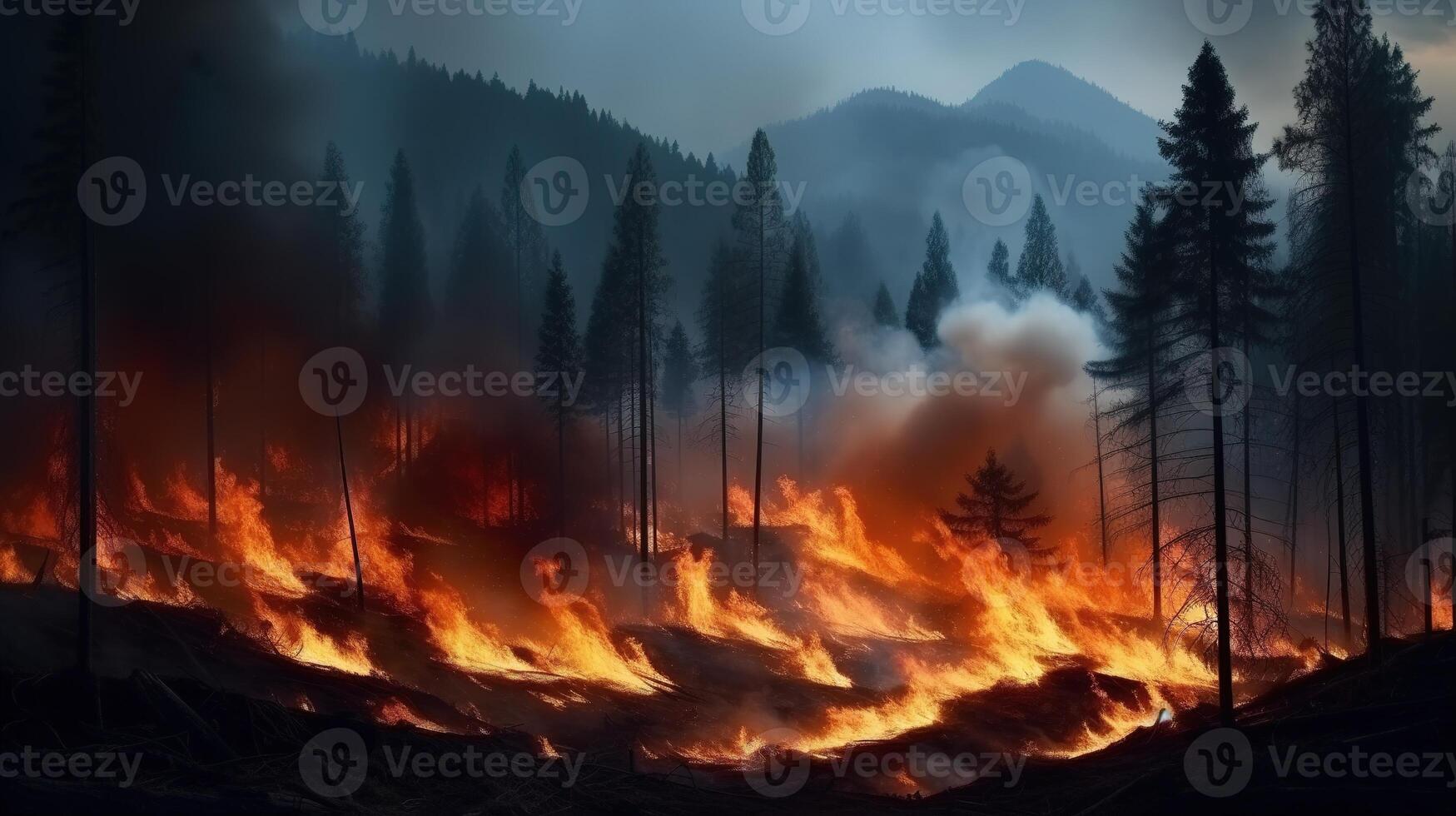 ai generado ardiente bosque en el montañas, natural desastre, 3d ilustración foto