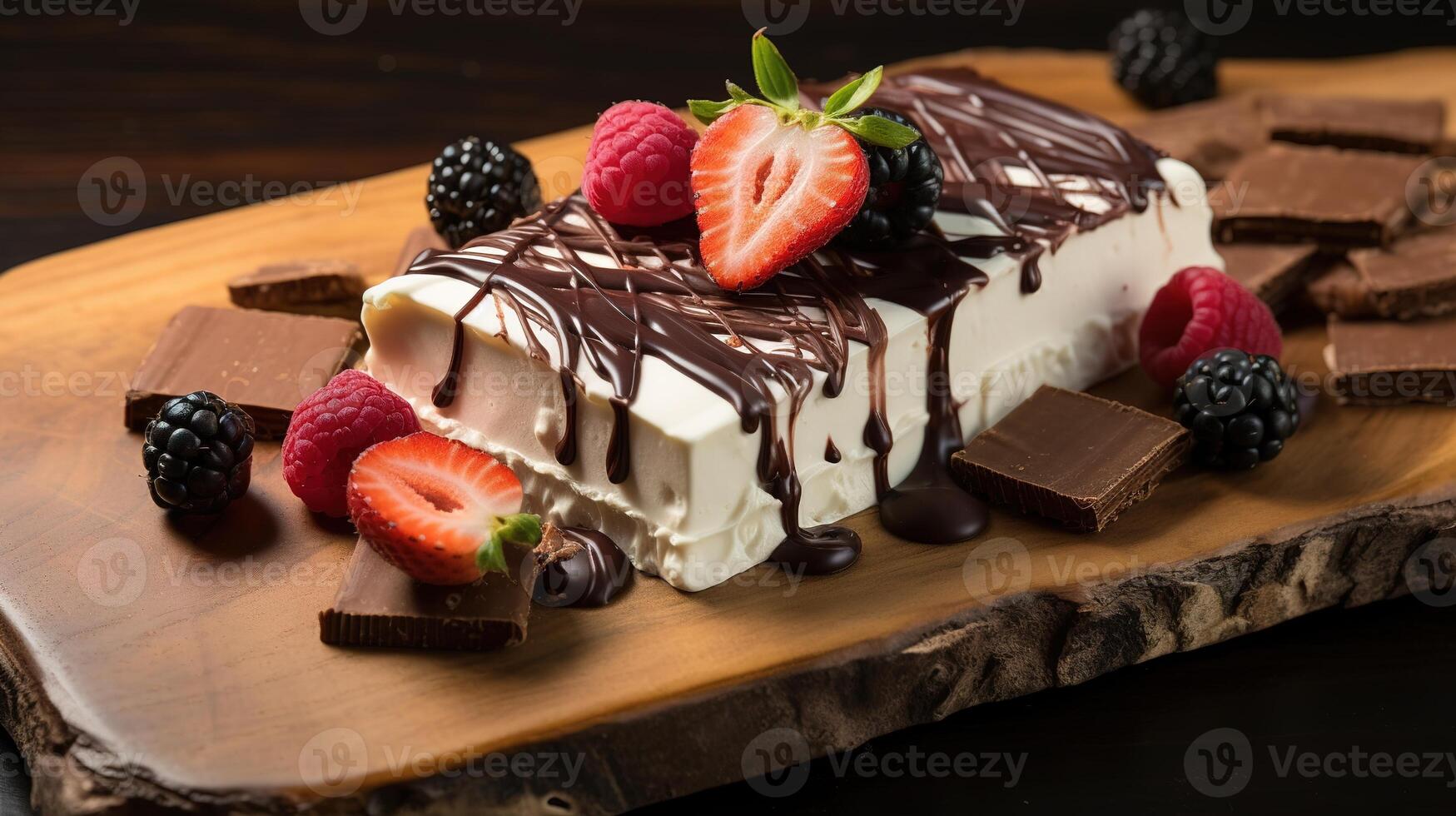 AI generated Cheesecake with fresh berries and chocolate on a wooden board. photo