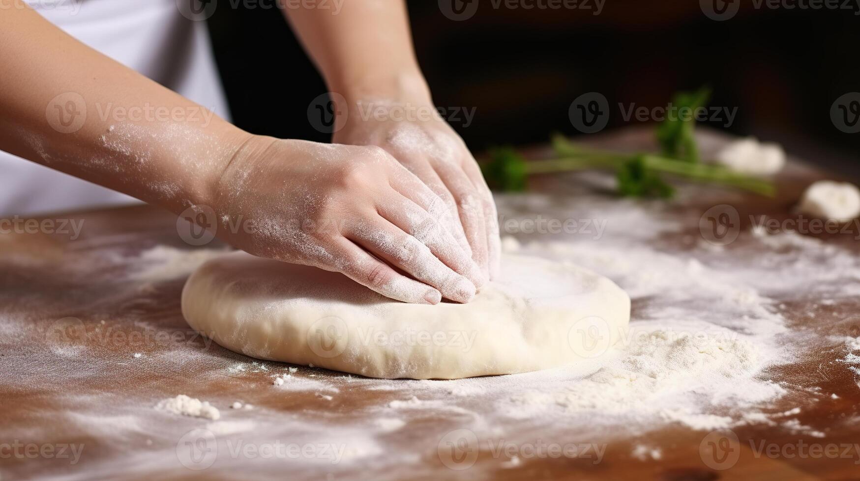 AI generated Female hands kneading dough on wooden table, closeup view photo