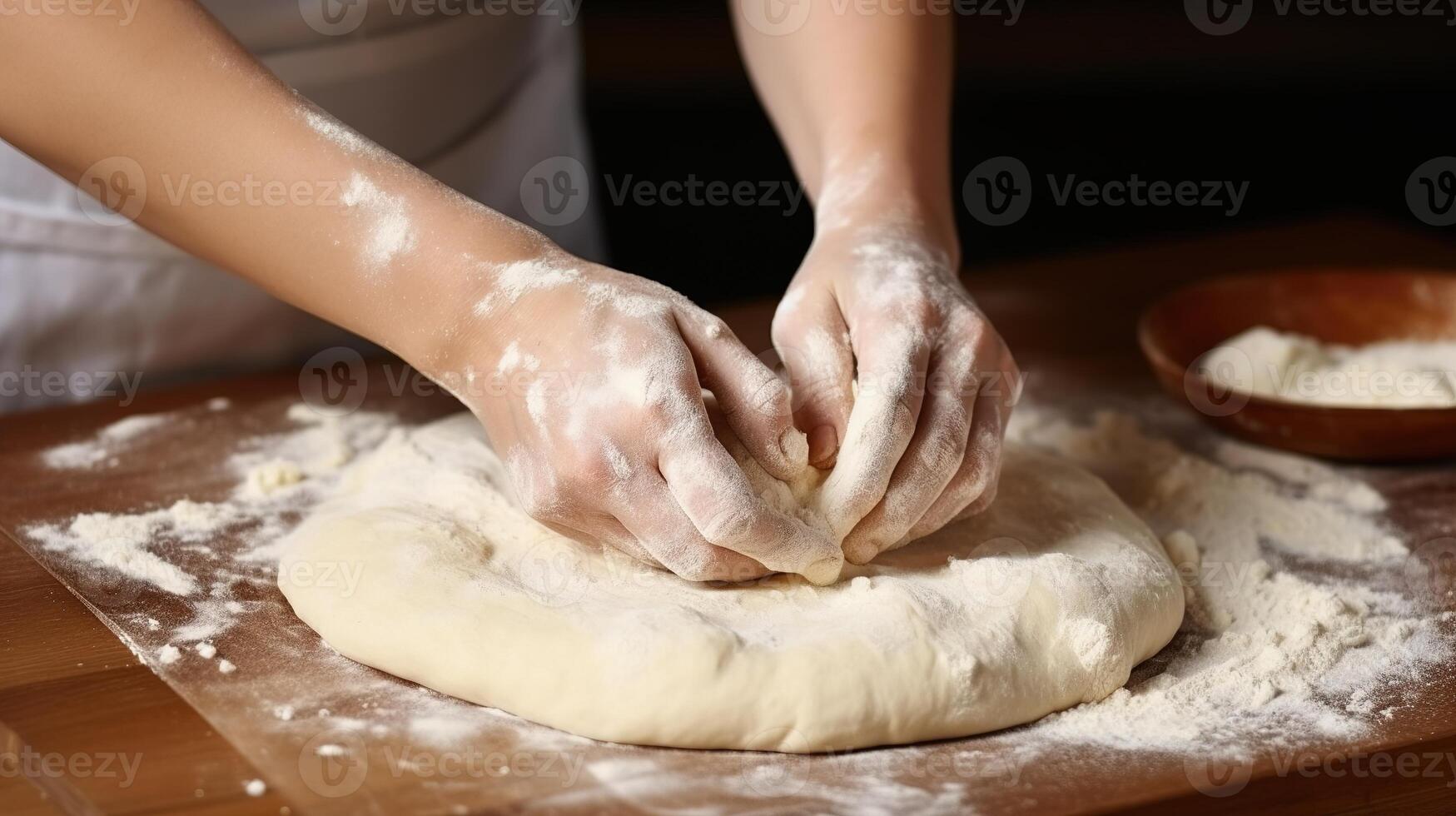 AI generated Female hands kneading dough on table in kitchen, closeup photo