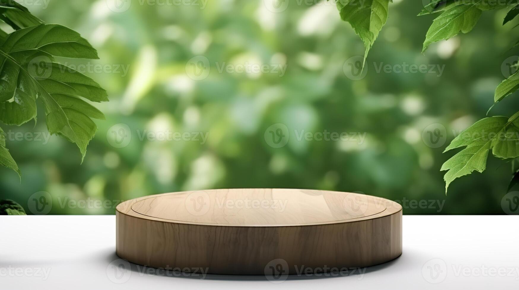AI generated Wooden podium on a background of green foliage. 3d rendering photo