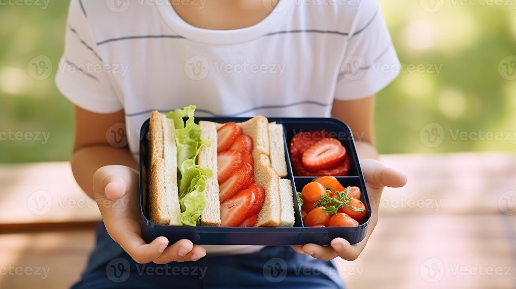 AI generated Cute little boy with tasty sandwiches outdoors, closeup of hands photo