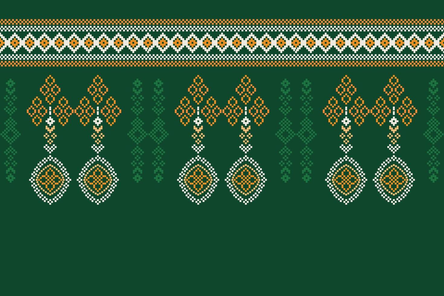 Ethnic geometric fabric pattern Cross Stitch.Ikat embroidery Ethnic oriental Pixel pattern green background. Abstract,vector,illustration. Texture,clothing,frame,decoration,motifs,silk wallpaper. vector