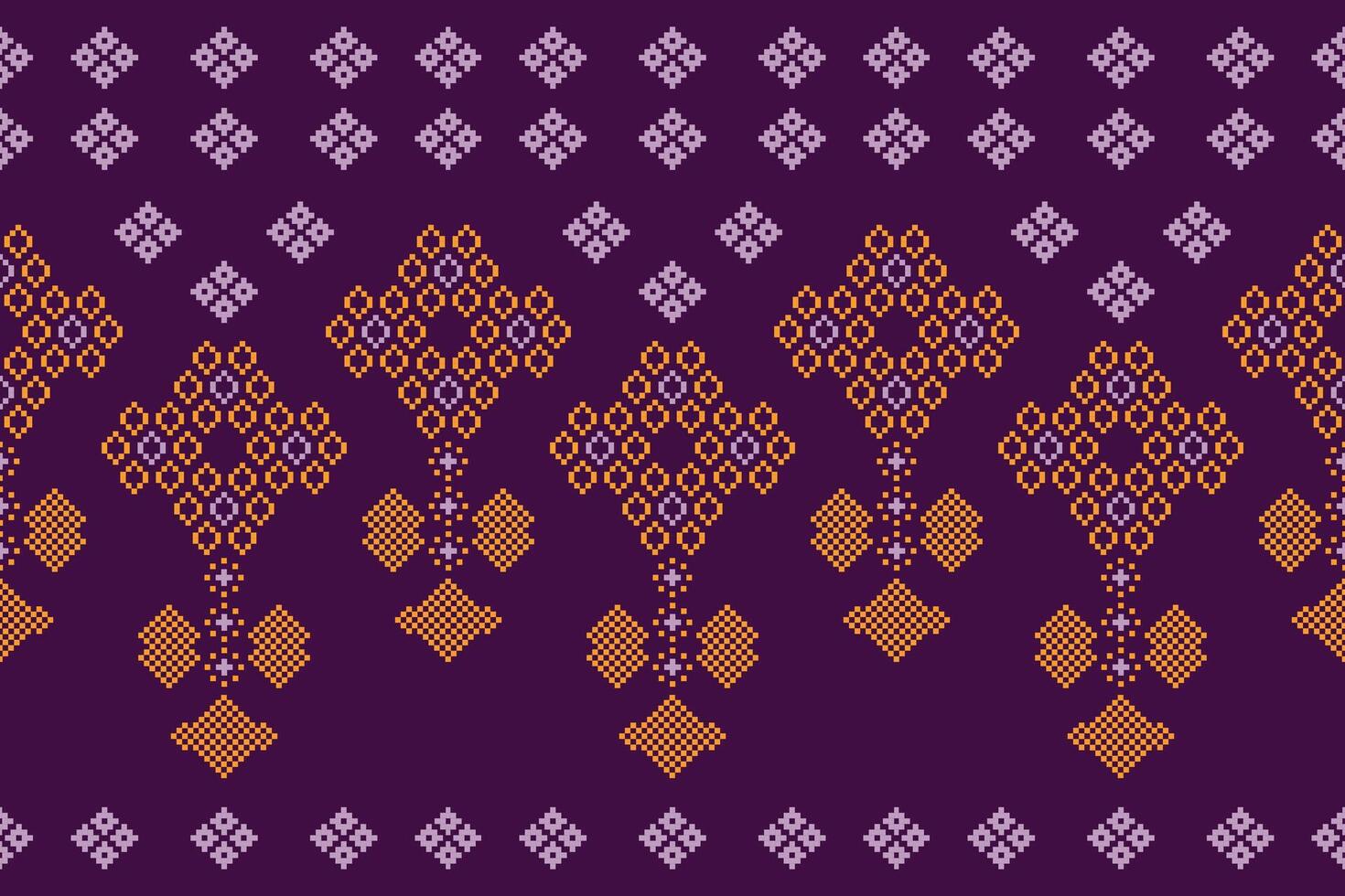 Ethnic geometric fabric pattern Cross Stitch.Ikat embroidery Ethnic oriental Pixel pattern violet purple background. Abstract,vector,illustration. Texture,clothing,decoration,motifs,silk wallpaper. vector