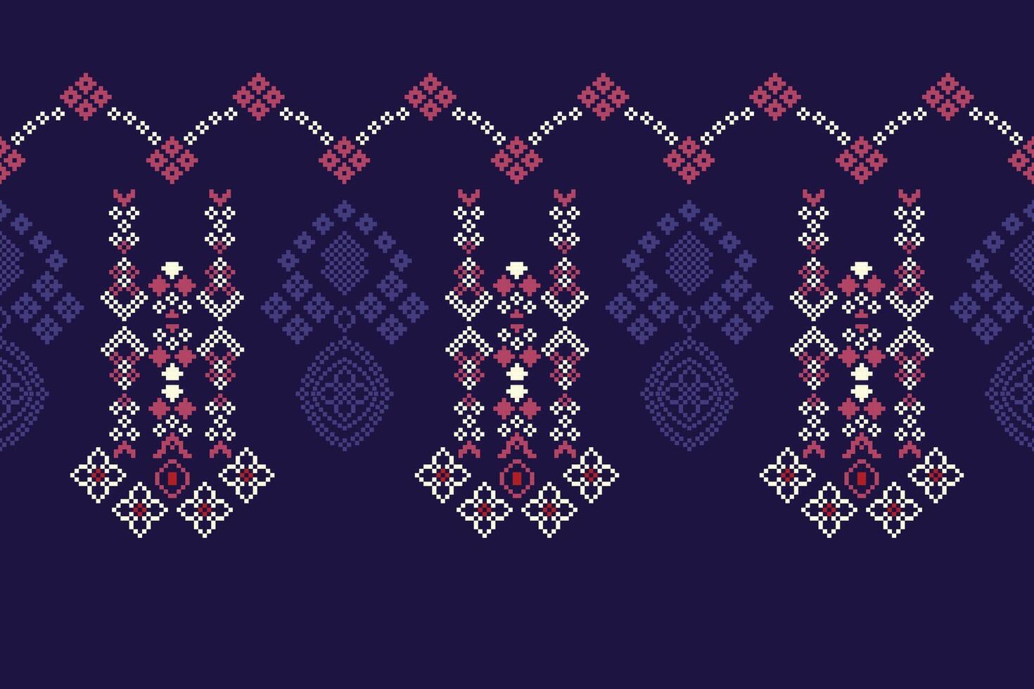 Ethnic geometric fabric pattern Cross Stitch.Ikat embroidery Ethnic oriental Pixel pattern violet purple background. Abstract,vector,illustration. Texture,clothing,decoration,motifs,silk wallpaper. vector