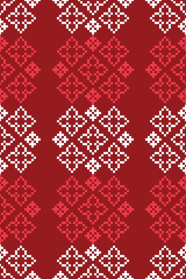 Ethnic geometric fabric pattern Cross Stitch.Ikat embroidery Ethnic oriental Pixel pattern christmas red background. Abstract,vector,illustration. Texture,frame,decoration,motifs,silk wallpaper. vector