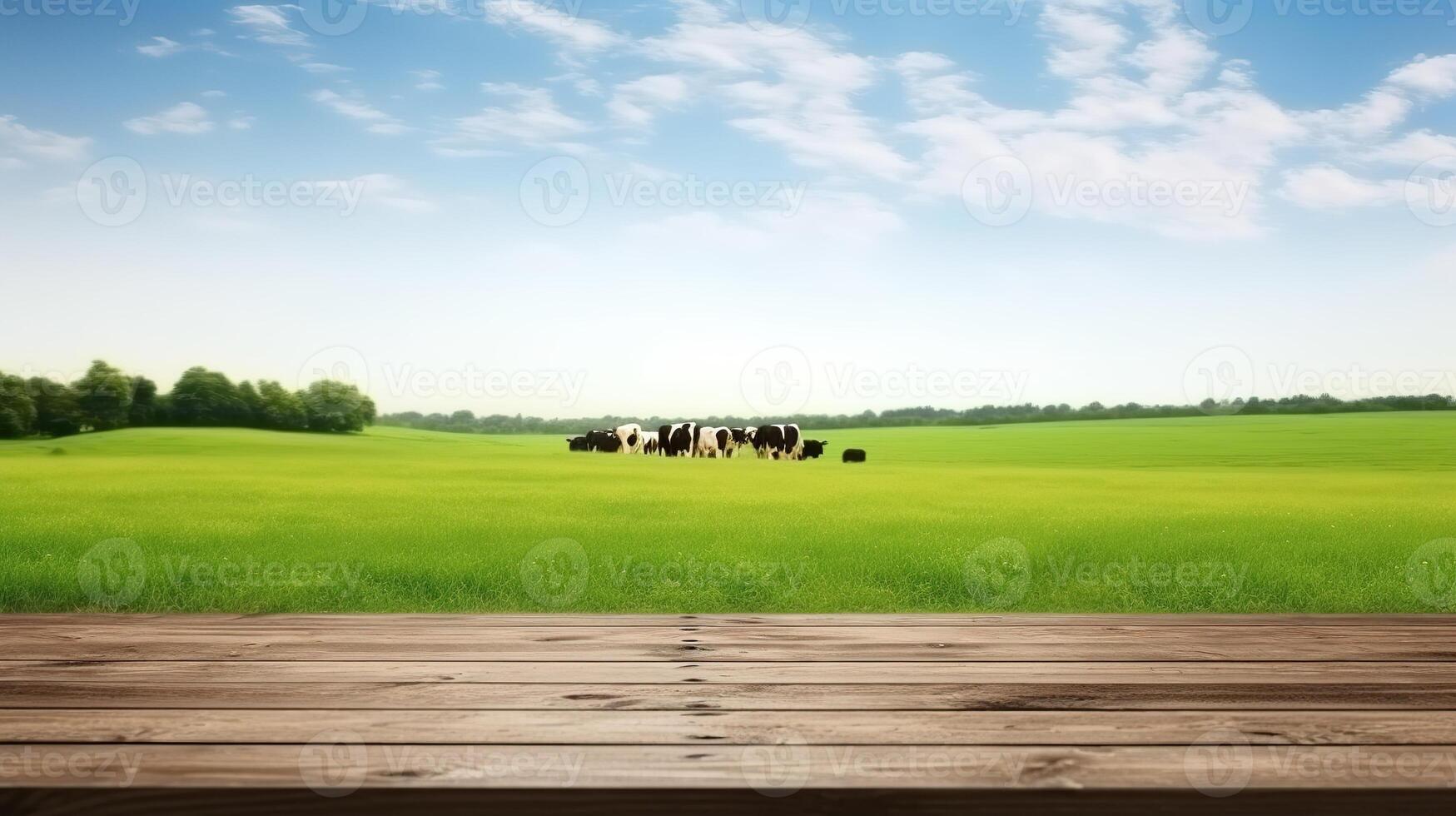 ai generado de madera mesa con vacas en verde prado y azul cielo antecedentes foto