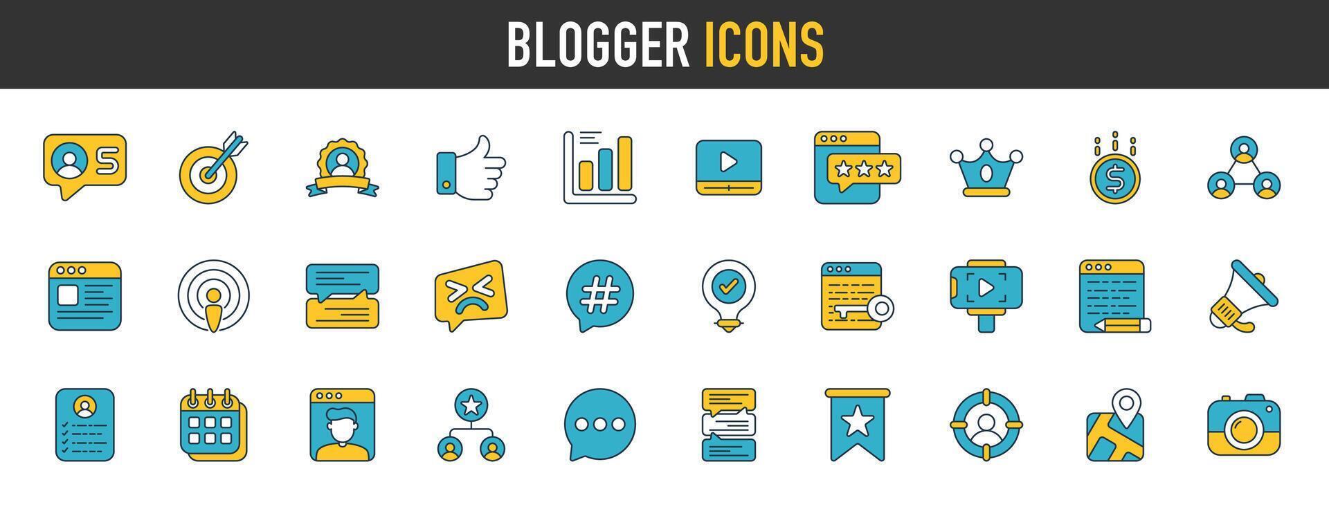Blogger icons. Data analytics, Management, Message, Website, Blog, Content, Business marketing, Social network and more. Vector illustration