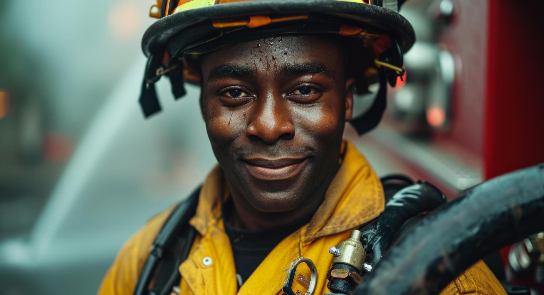 AI generated a firefighter holds the hose in his hand and smiles into the camera photo