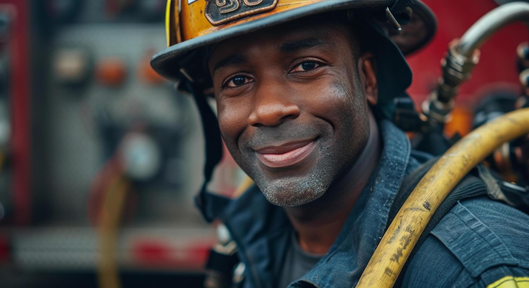 AI generated a firefighter holds the hose in his hand and smiles into the camera photo