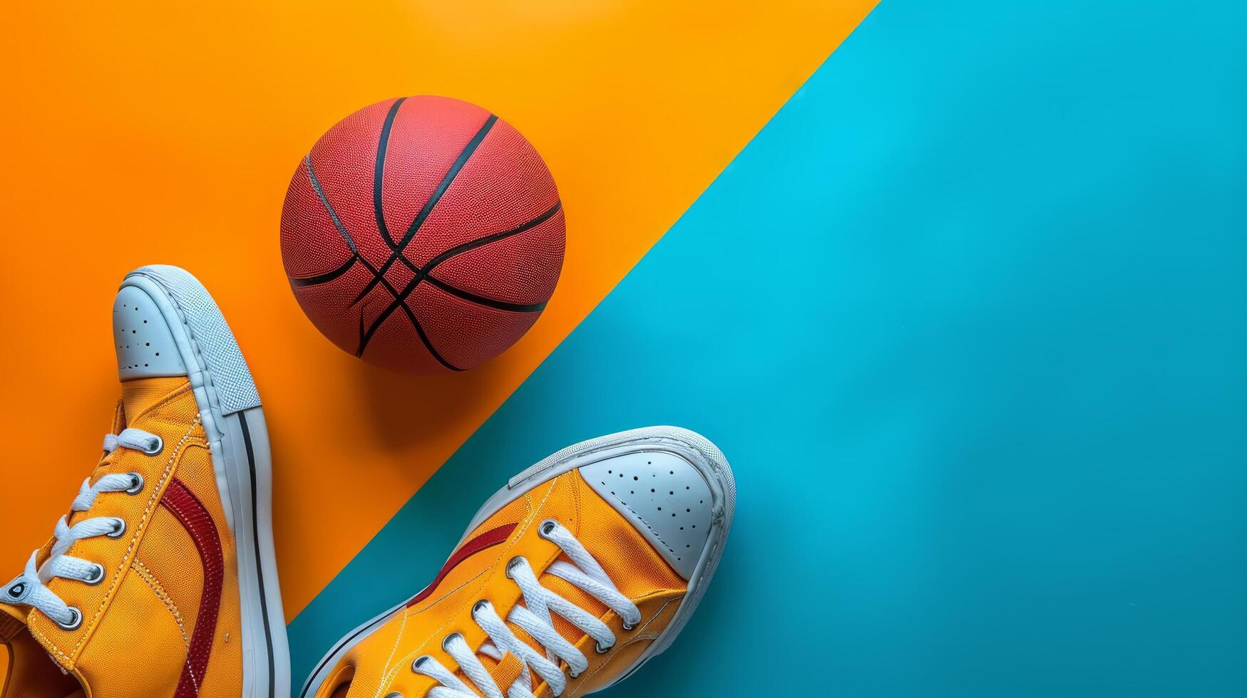 AI generated basketball ball and sneakers on minimalist vivid background with copy space photo