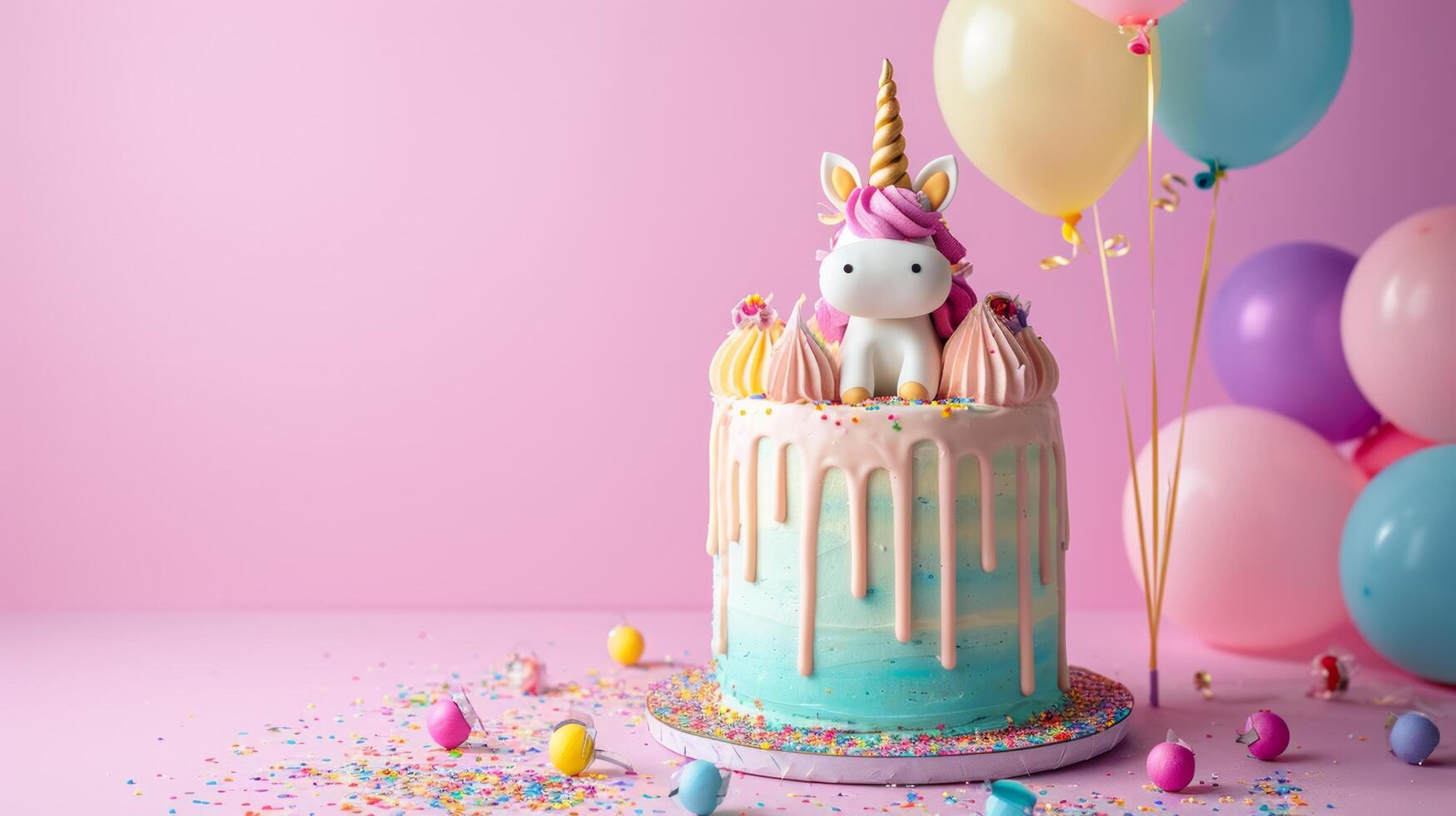 AI generated birthday unicorn cake with condles, balloons, confetti on minimalist vivid background with copy space photo
