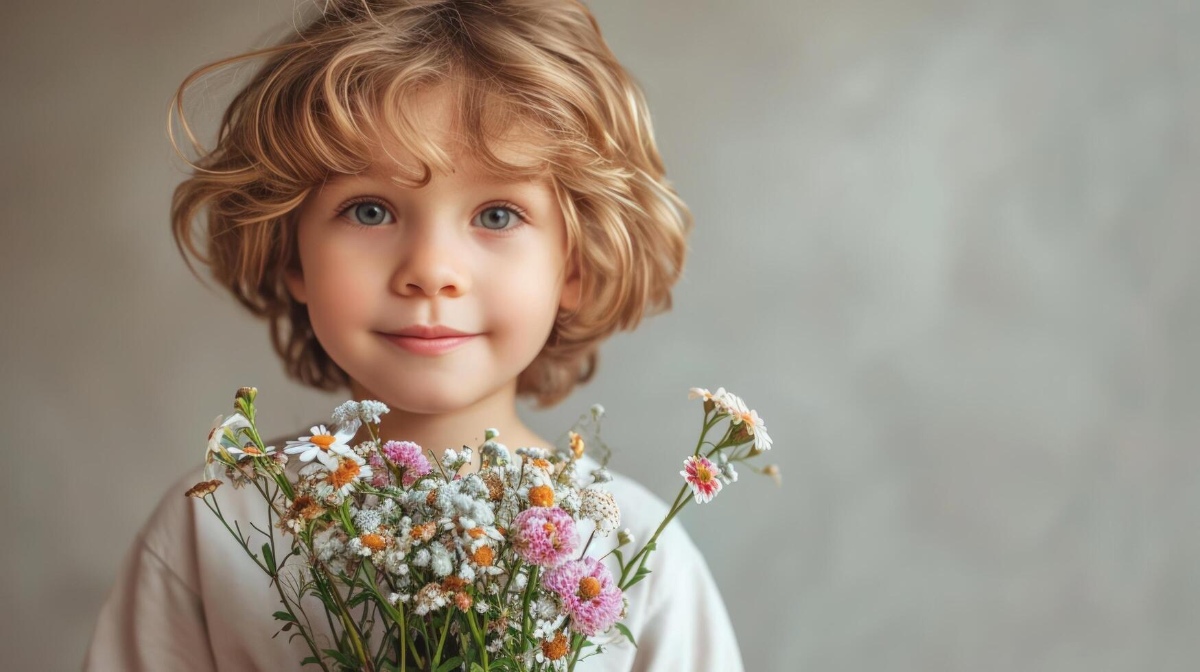 AI generated boy with flower bouquet for mother on minimalist background with copy space photo