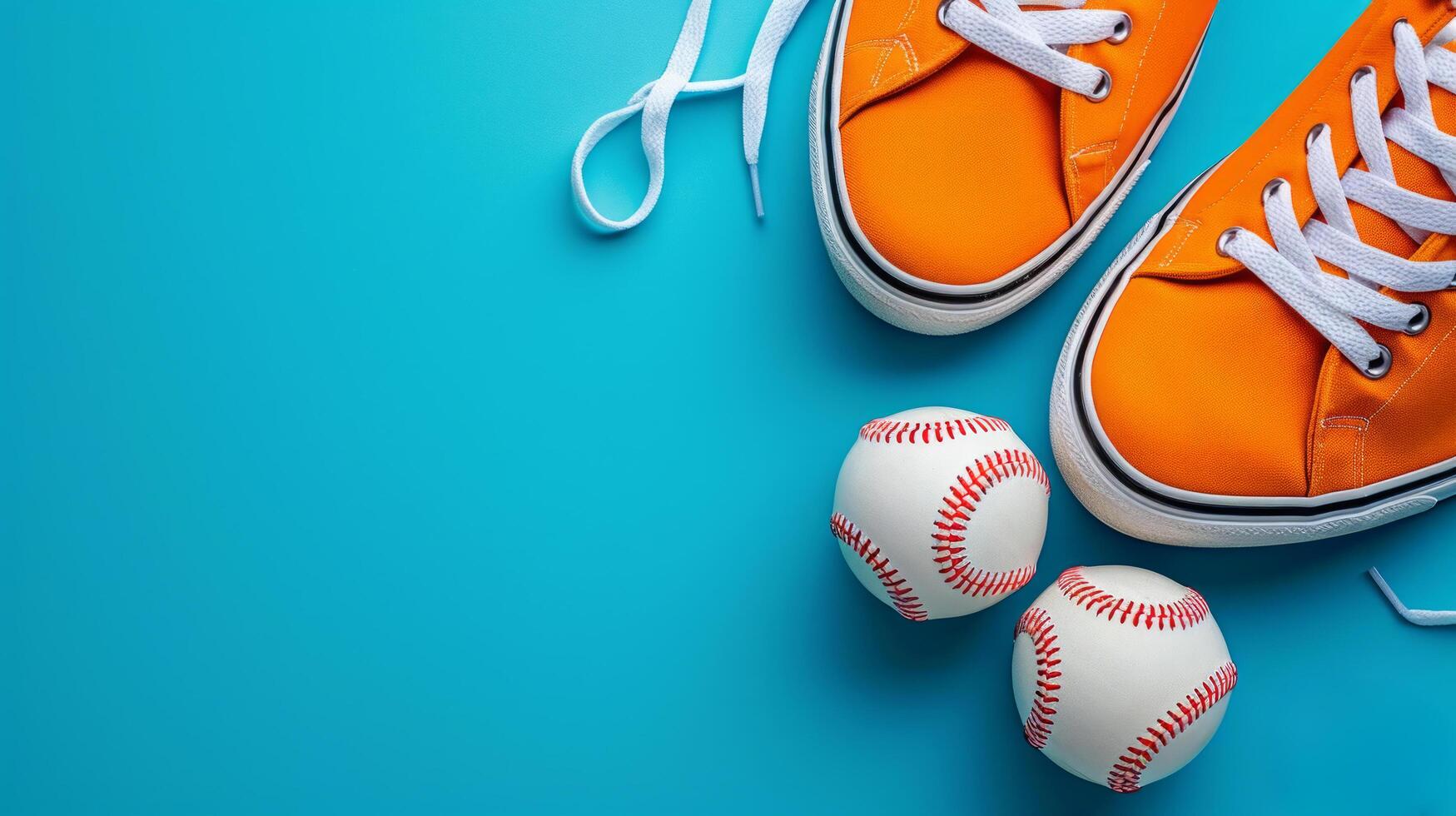 AI generated baseball ball and sneakers on minimalist vivid background with copy space photo