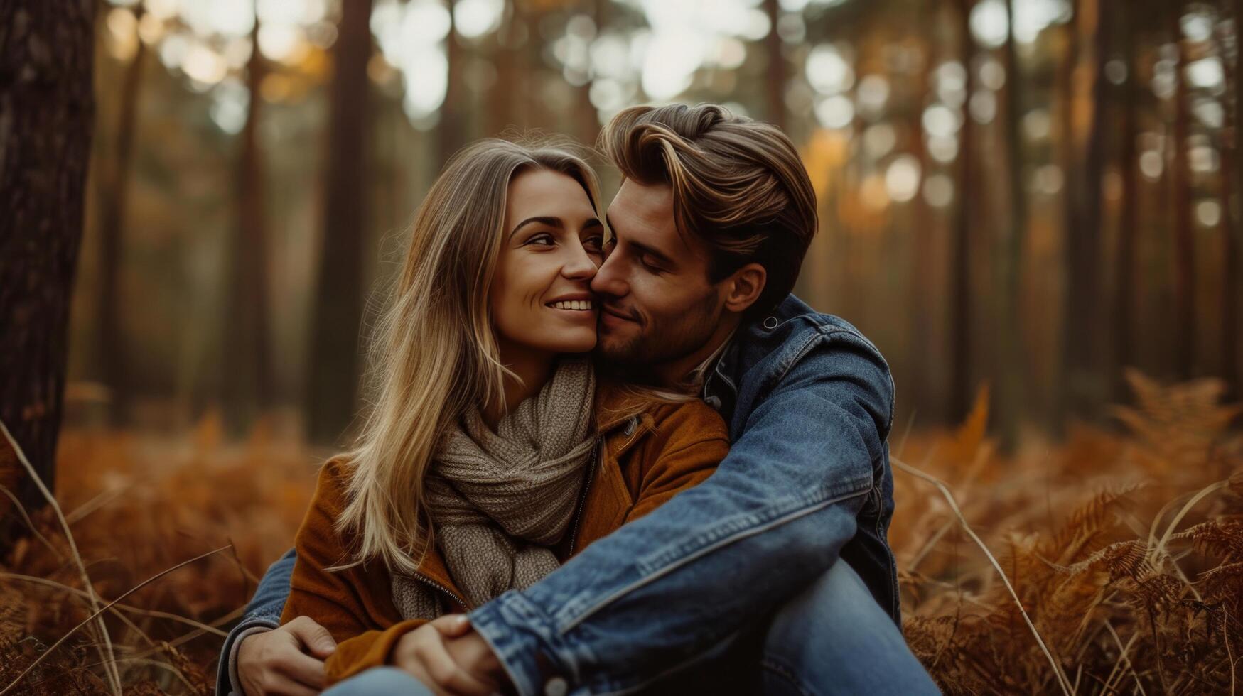 AI generated couple is hugging and sitting close in the forest photo