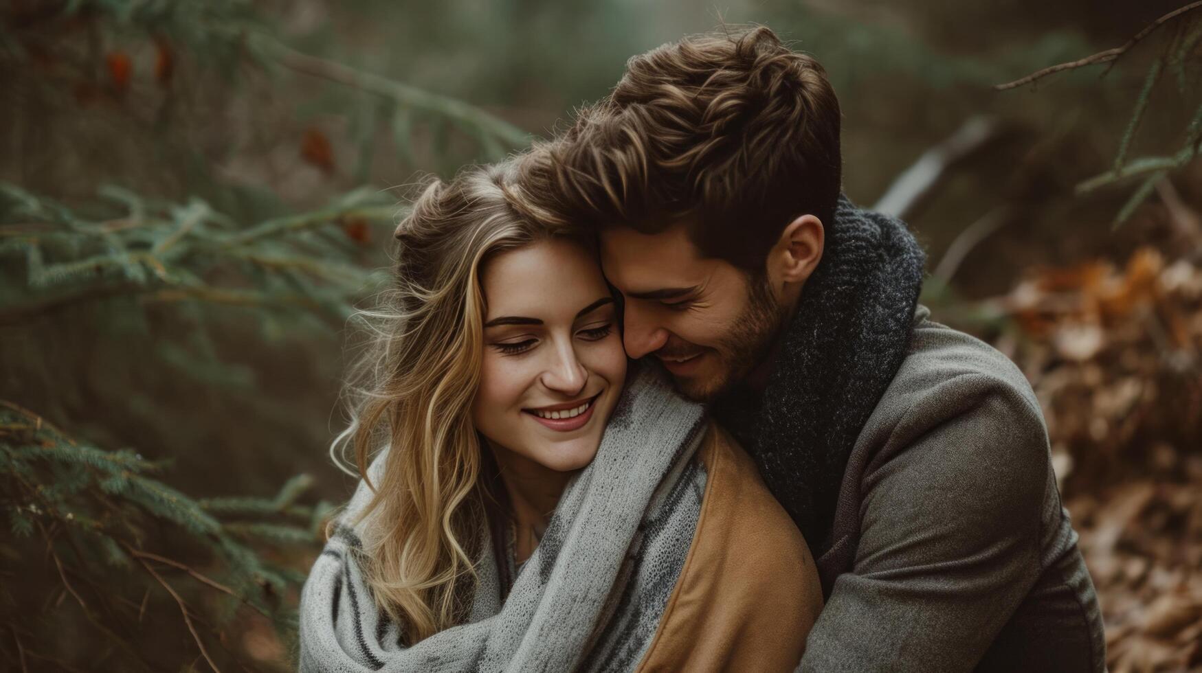 AI generated couple is hugging and sitting close in the forest photo