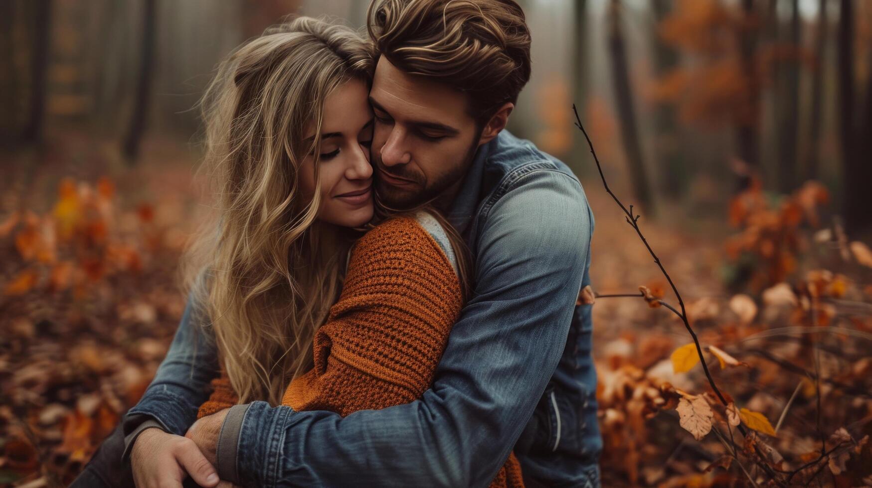 AI generated couple is hugging and sitting close in the forest photo